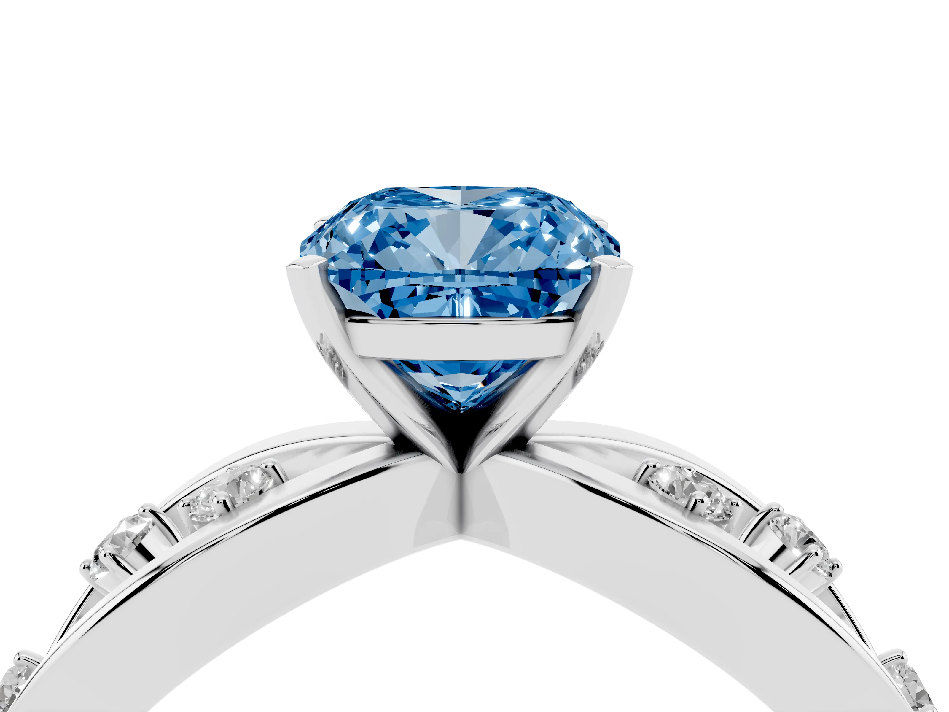 Fancy Blue Cushion Cut Diamond Solitaire Ring Set in Platinum with Side Stones on Criss-Cross Band and Prong Setting