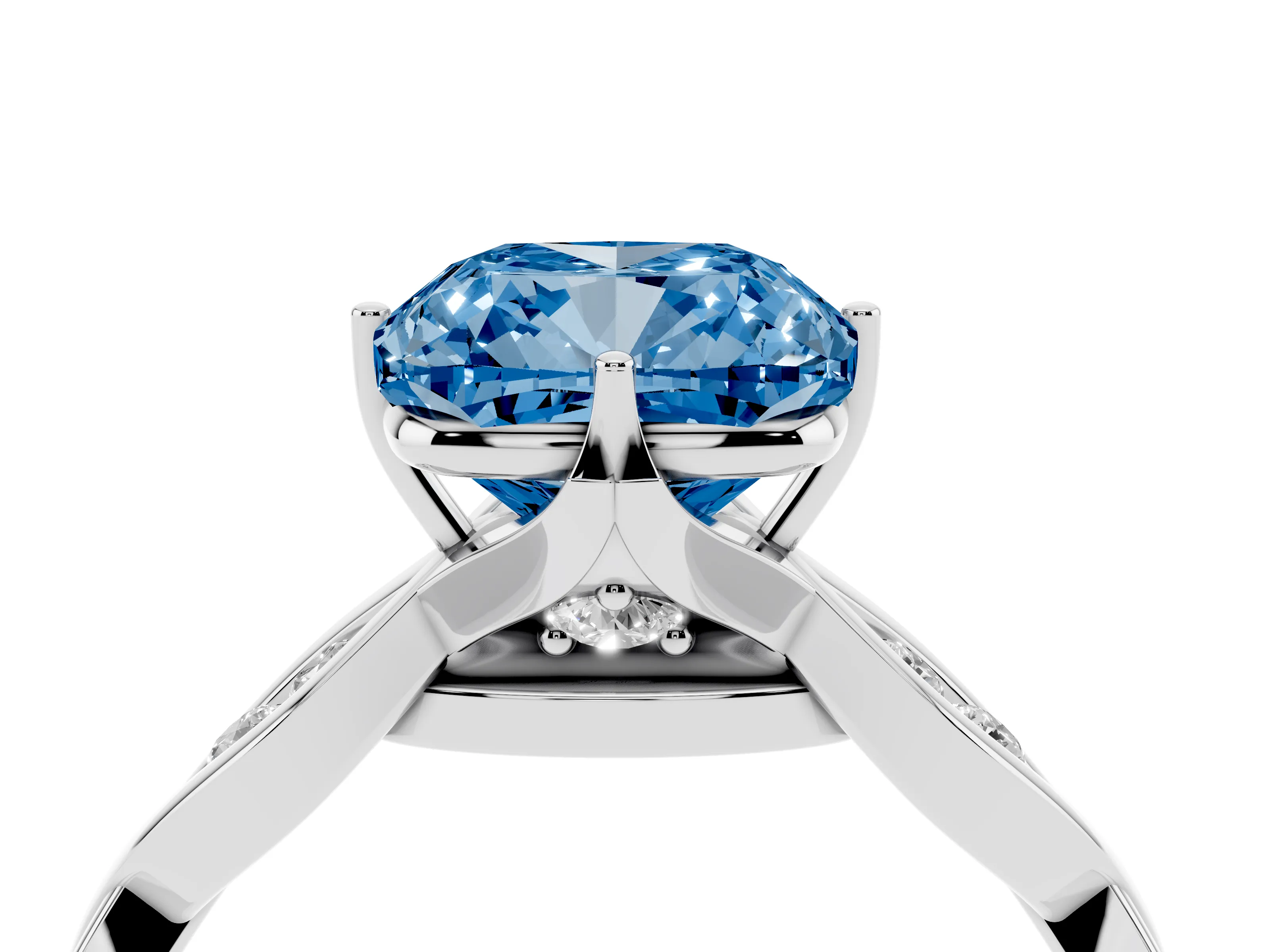 Fancy Blue Cushion Cut Diamond Twist Band Solitaire Ring Set in Silver with Leaf Prong Setting and Accent Stones