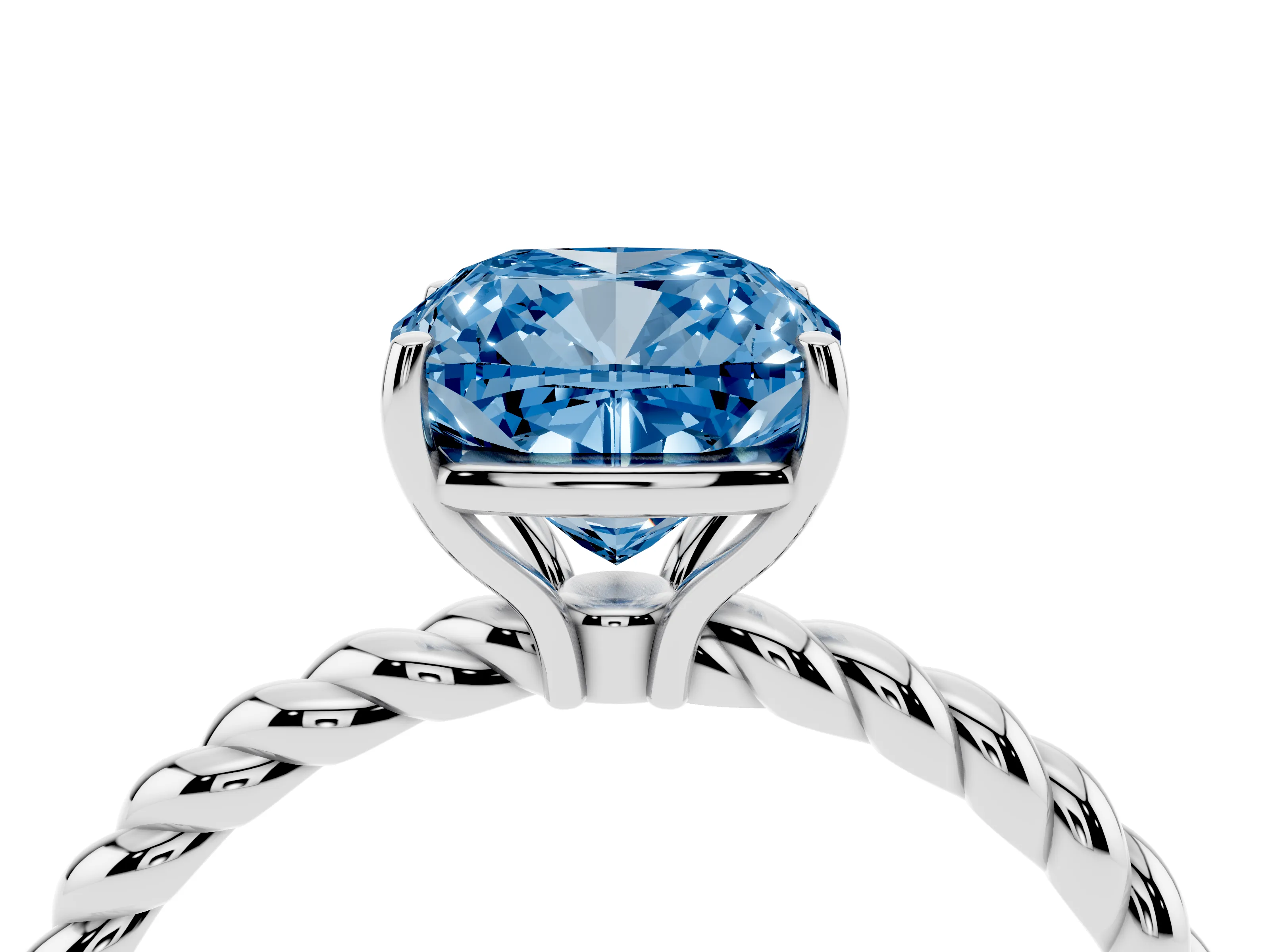 Fancy Blue Cushion Cut Diamond Solitaire Ring Set in Platinum with Twist Band and Prong Setting