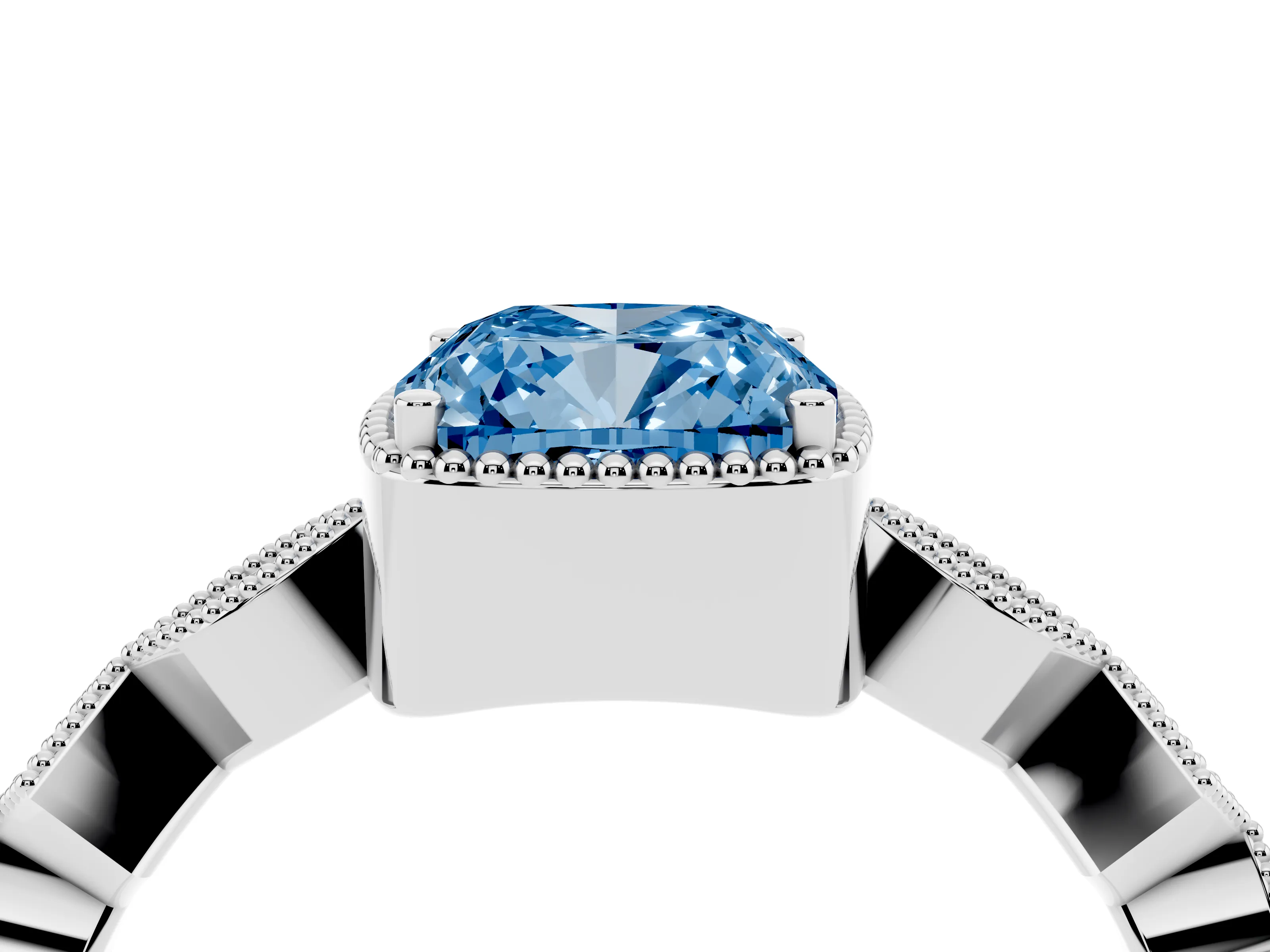 Fancy Blue Cushion Cut Diamond Milgrain Marquise Twist Band Ring Set in Platinum with Prong Setting