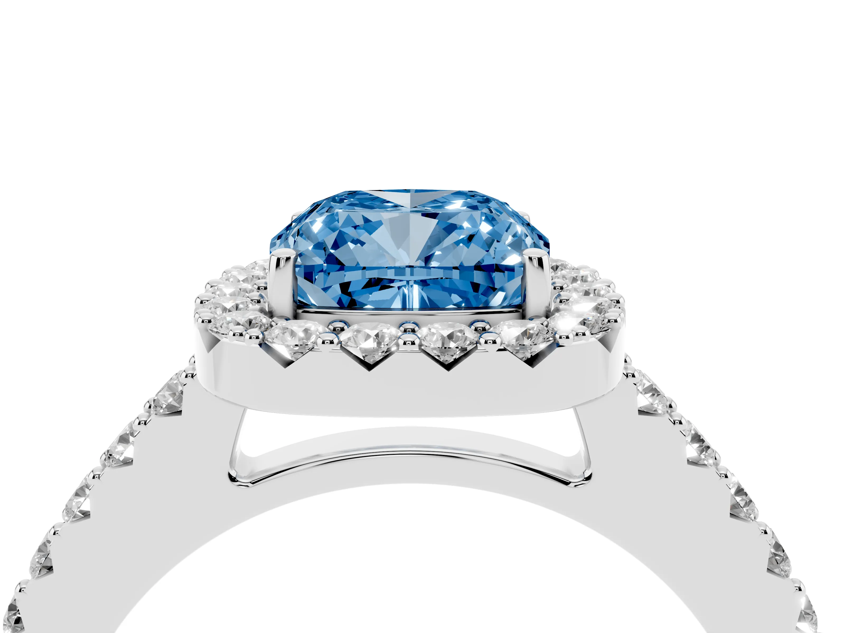 Fancy Blue Cushion Cut Diamond Halo Pavé Solitaire Ring Set in Platinum with Prong-Set Center Stone