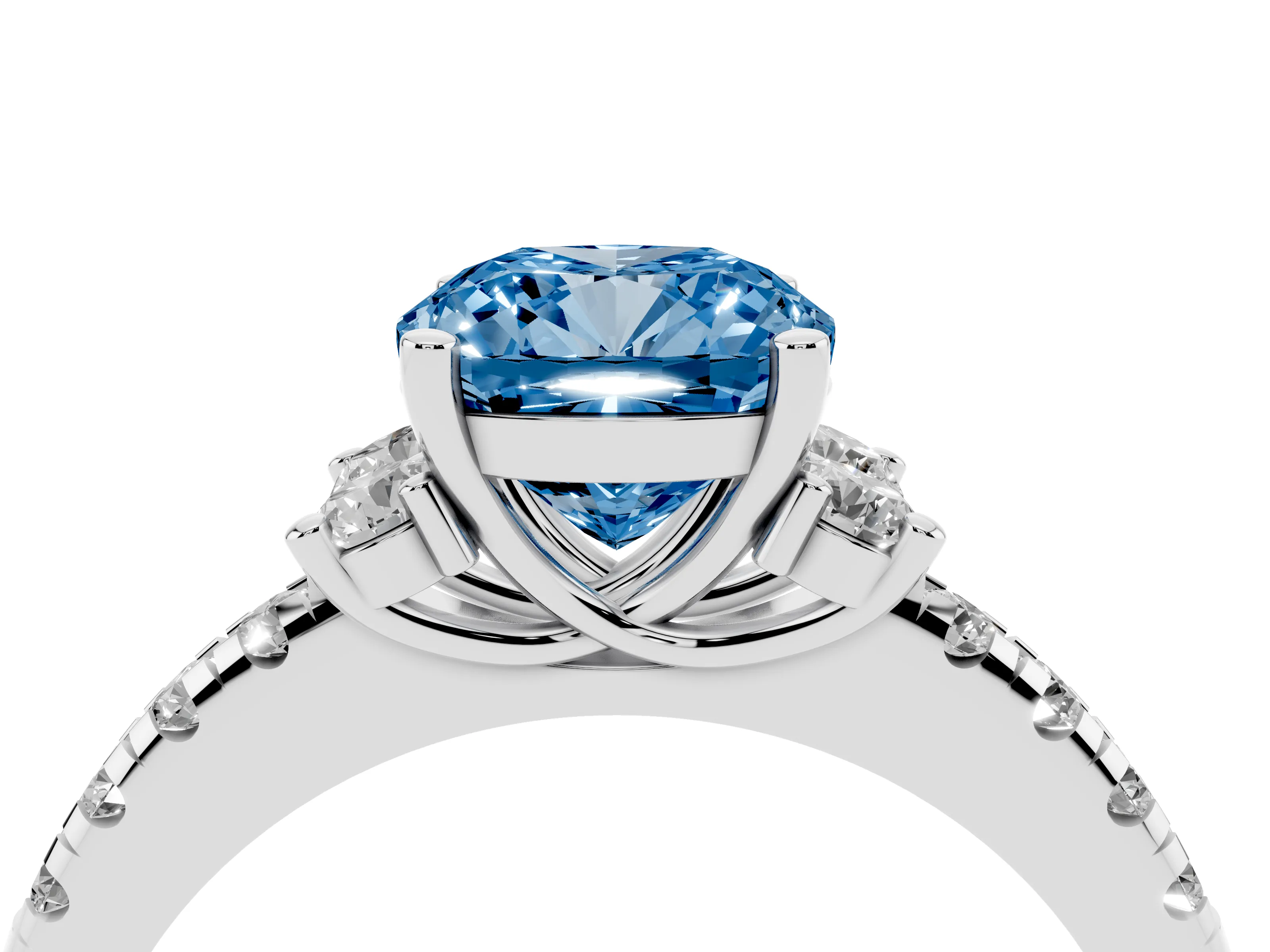 Fancy Blue Cushion Cut Diamond Three-Stone Pavé Ring Set in White gold with Prong Setting