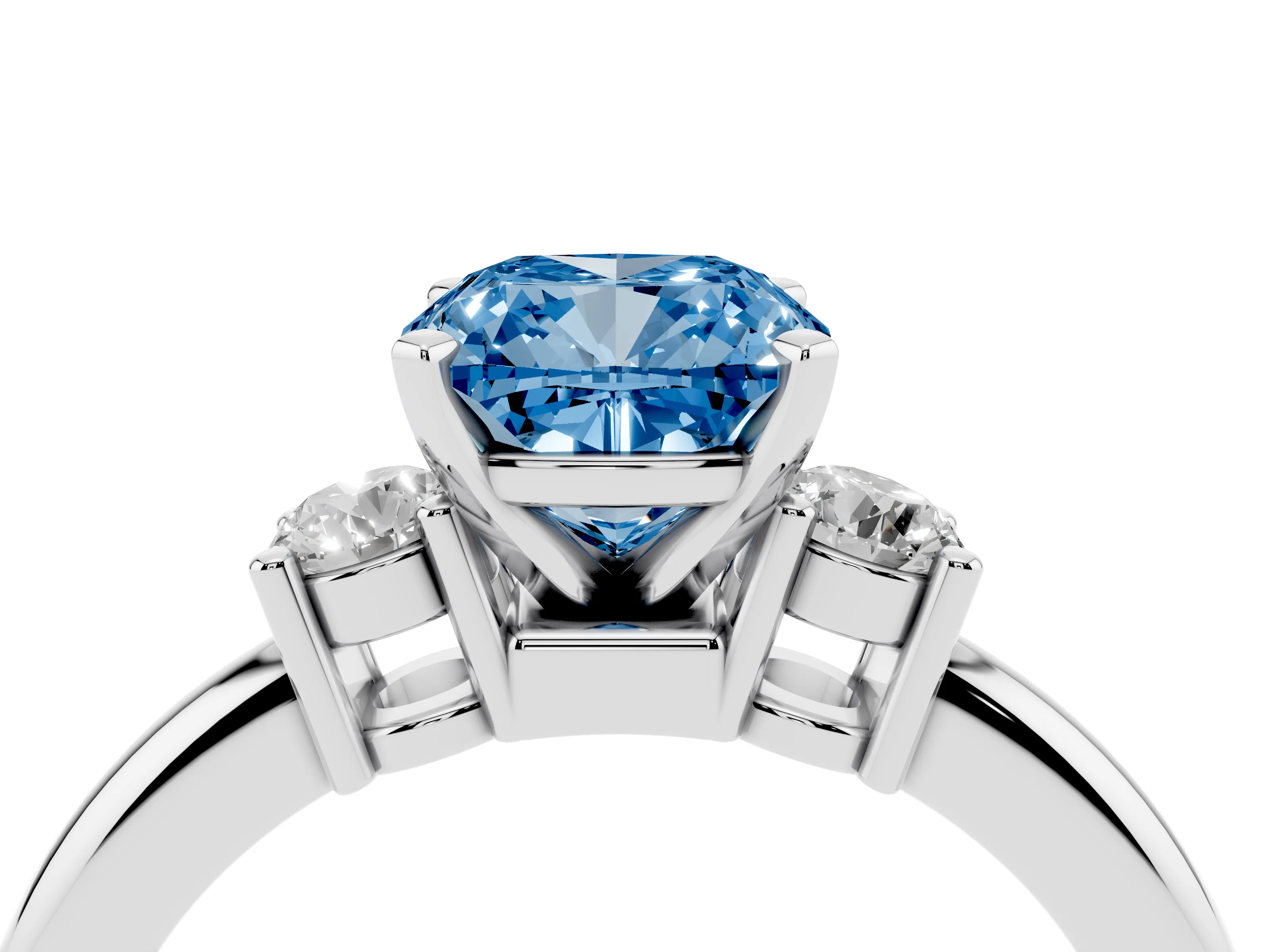 Fancy Blue Three-Stone Cushion Cut Diamond Ring Set in Silver with Prong Setting and Plain Band