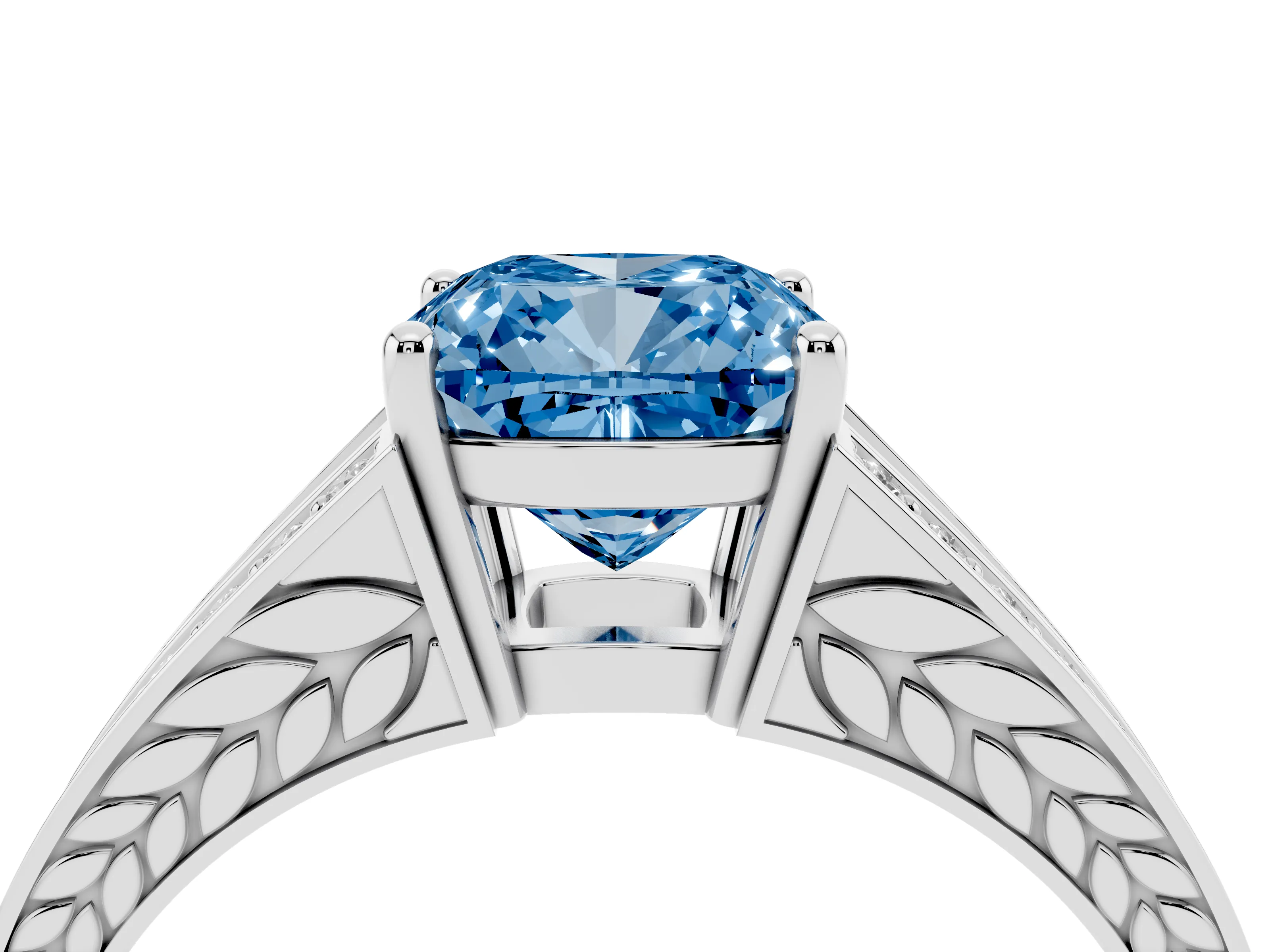 Fancy Blue Cushion Cut Diamond Split Shank Ring Set in White gold with Pavé Band and Prong Setting