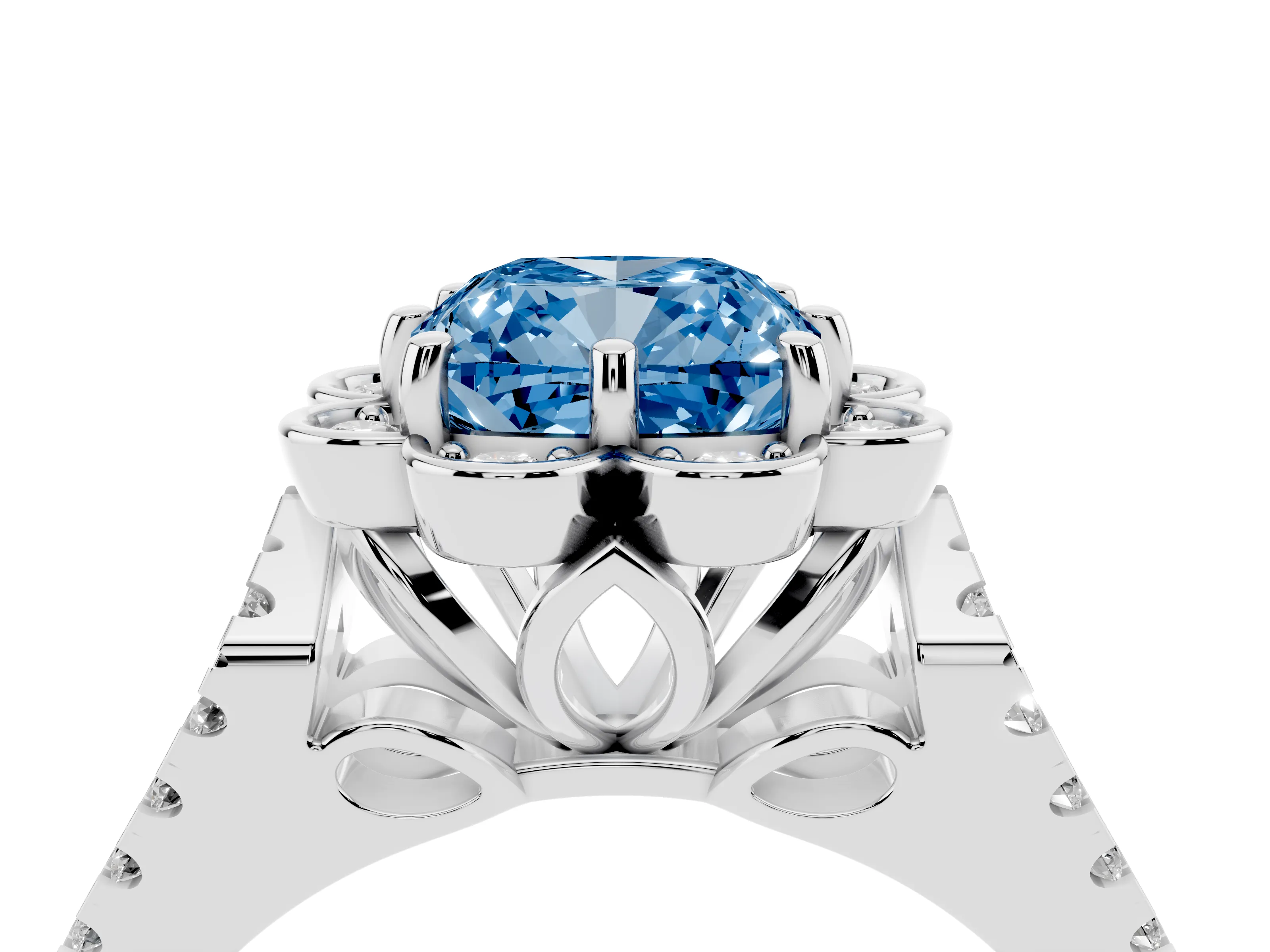 Fancy Blue Cushion Cut Diamond Floral Halo Split Shank Engagement Ring Set in Silver with Pavé Shank