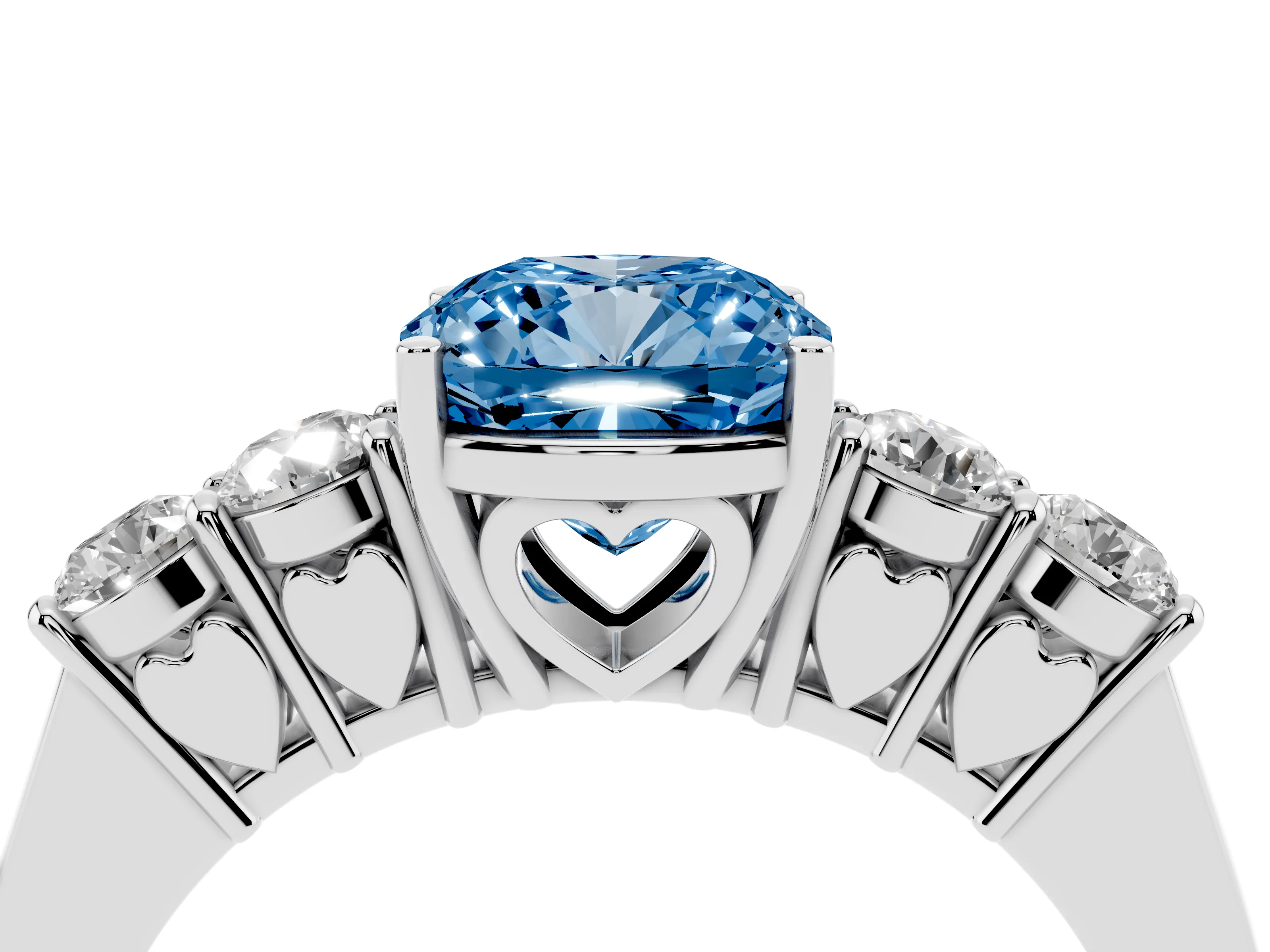 Fancy Blue Cushion Cut Diamond Five-Stone Prong Set Band Ring Set in White gold with Polished Band