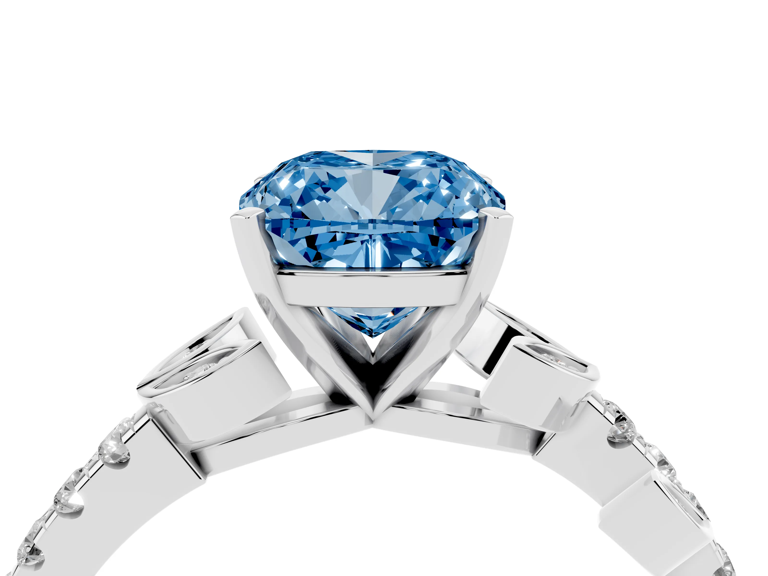 Fancy Blue Cushion Cut Diamond Solitaire Leaf-Inspired Ring Set in Platinum with Pavé Band and Prong Setting