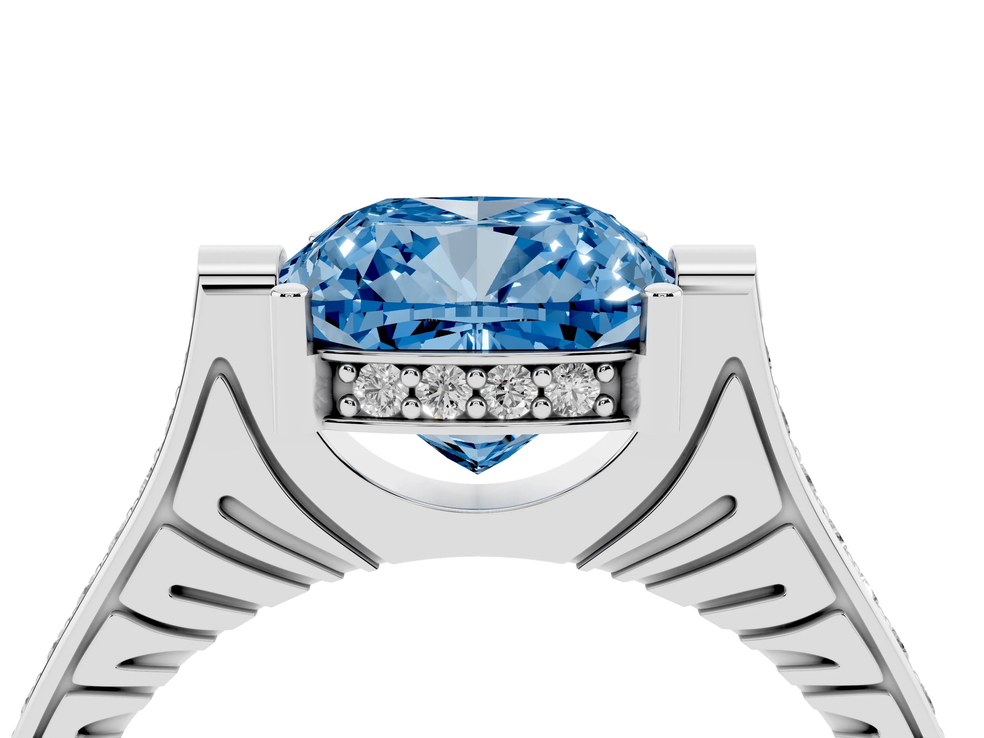 Fancy Blue Cushion Cut Diamond Solitaire Ring Set in White gold with Channel Set Band and Bezel Prong Setting