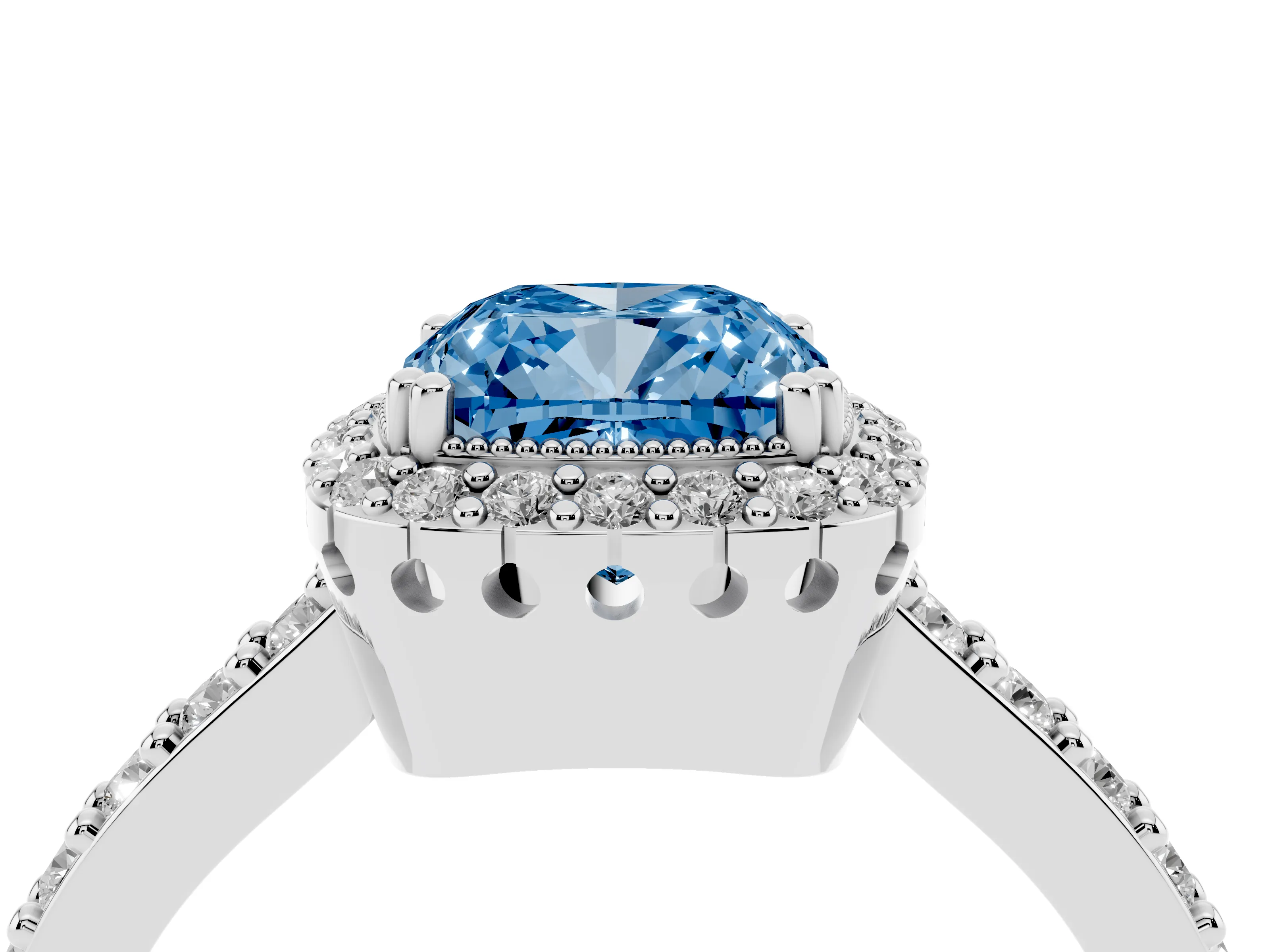 Fancy Blue Cushion Cut Diamond Halo Engagement Ring Set in Platinum with Milgrain Detail and Pavé Band