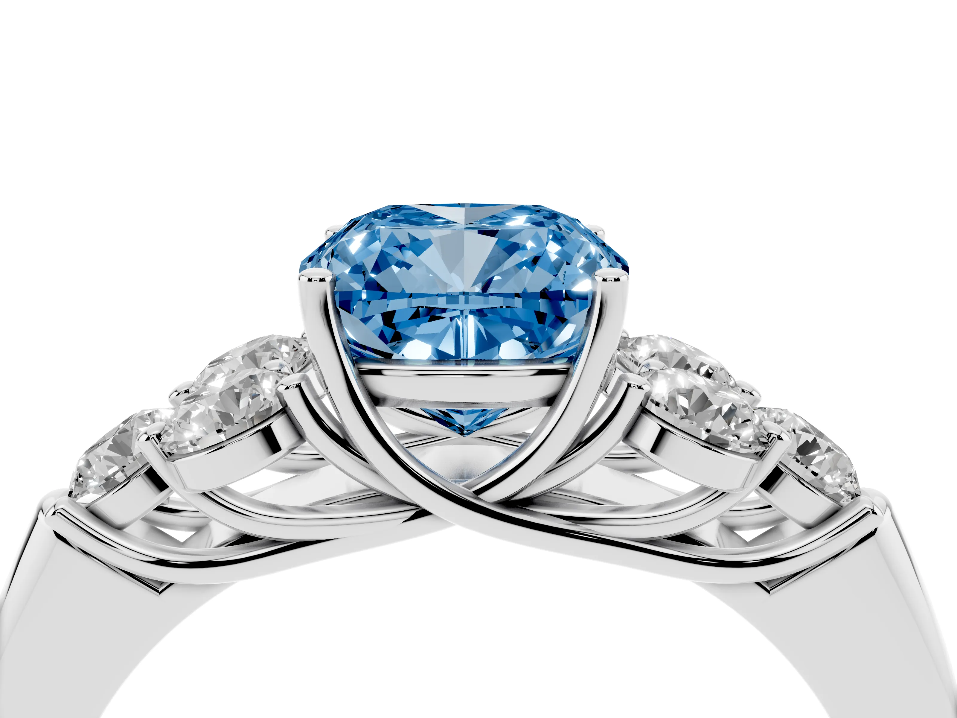 Fancy Blue Cushion Cut Diamond Cluster Ring Set in Platinum with Round Accent Stones and Prong Setting on a Plain Band