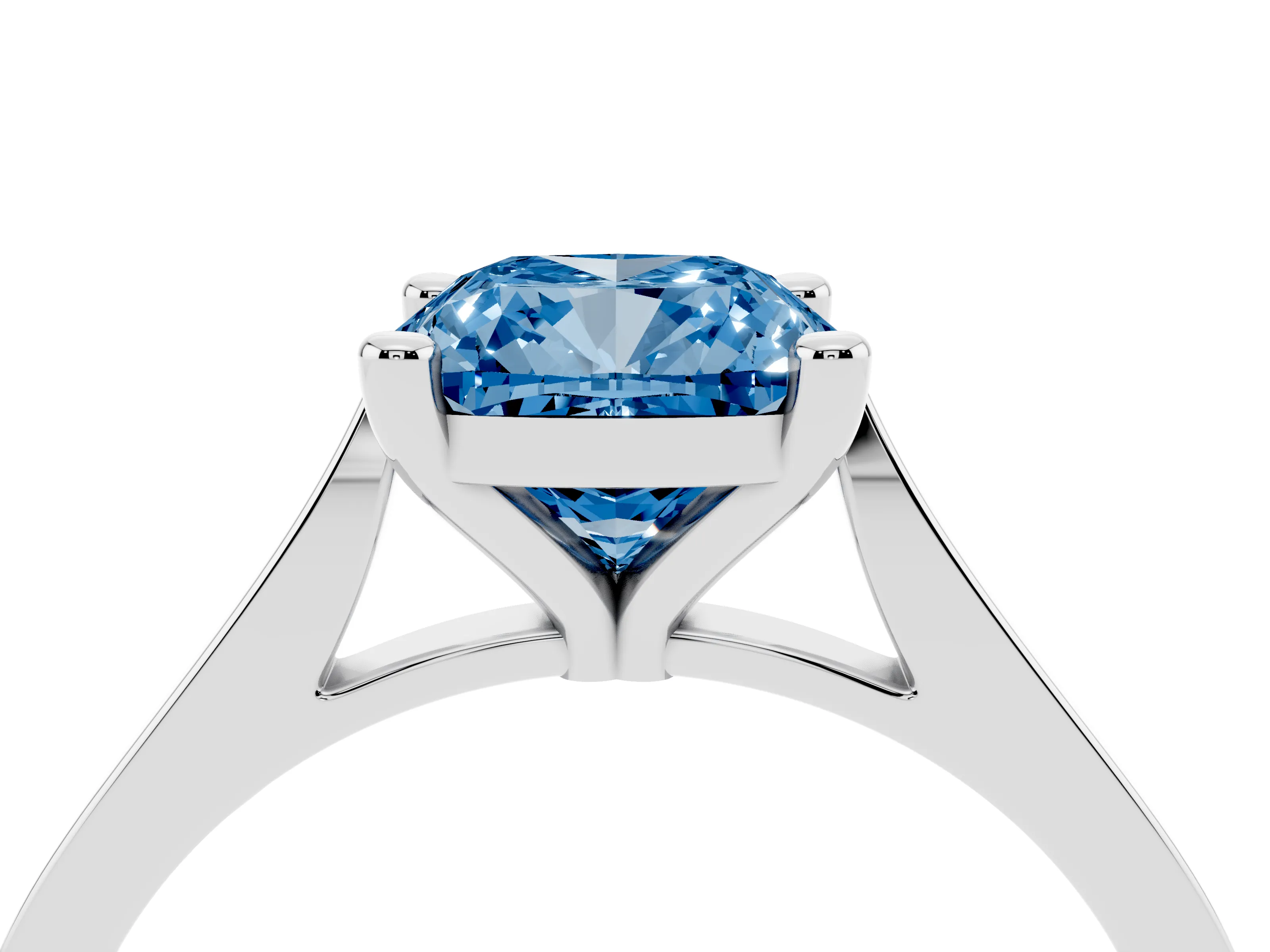 Fancy Blue Cushion Cut Diamond Solitaire Ring Set in White gold with Prong Setting and Tapered Band
