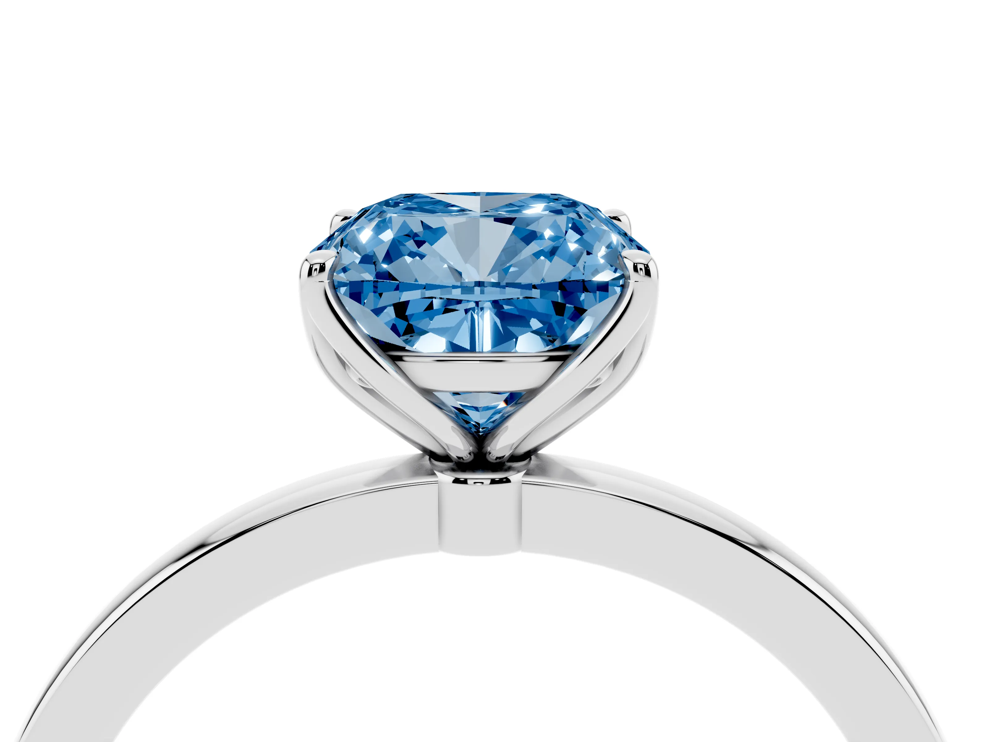 Fancy Blue Cushion Cut Diamond Solitaire Ring Set in White gold with Prong Setting and Thin Polished Band