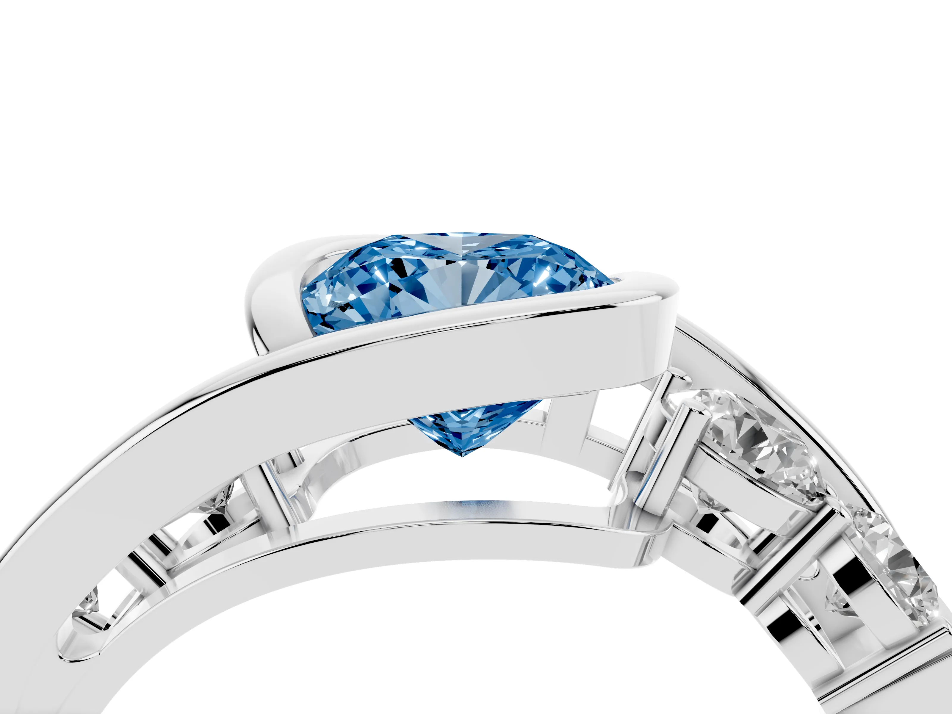 Fancy Blue Cushion Cut Diamond Bezel Bypass Ring Set in Silver with Round Accents