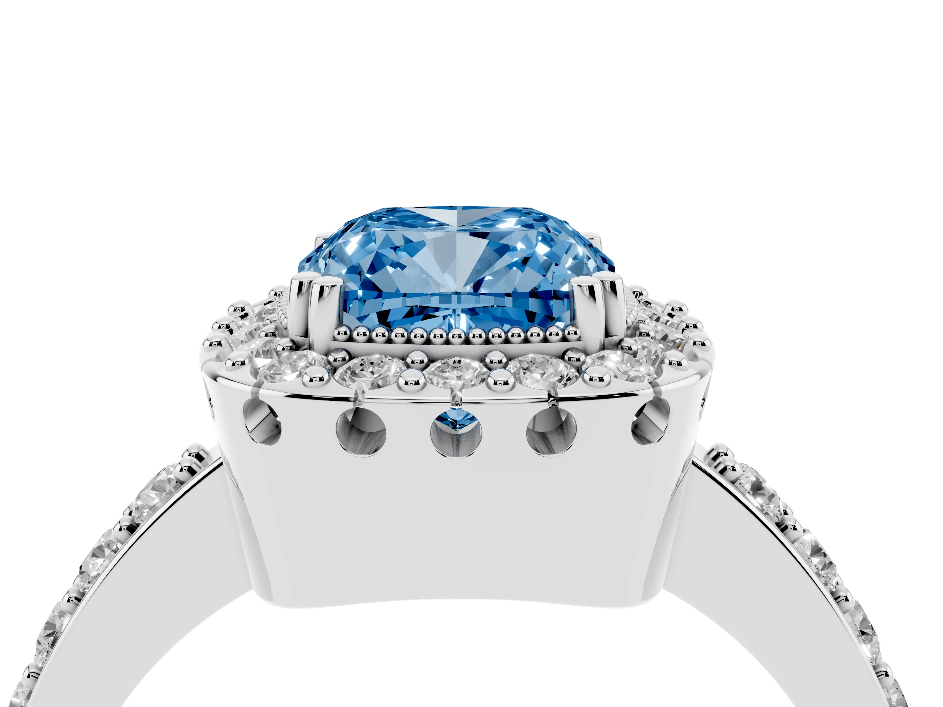 Fancy Blue Cushion Cut Diamond Halo Ring Set in White gold with Pavé Shank and Prong Setting