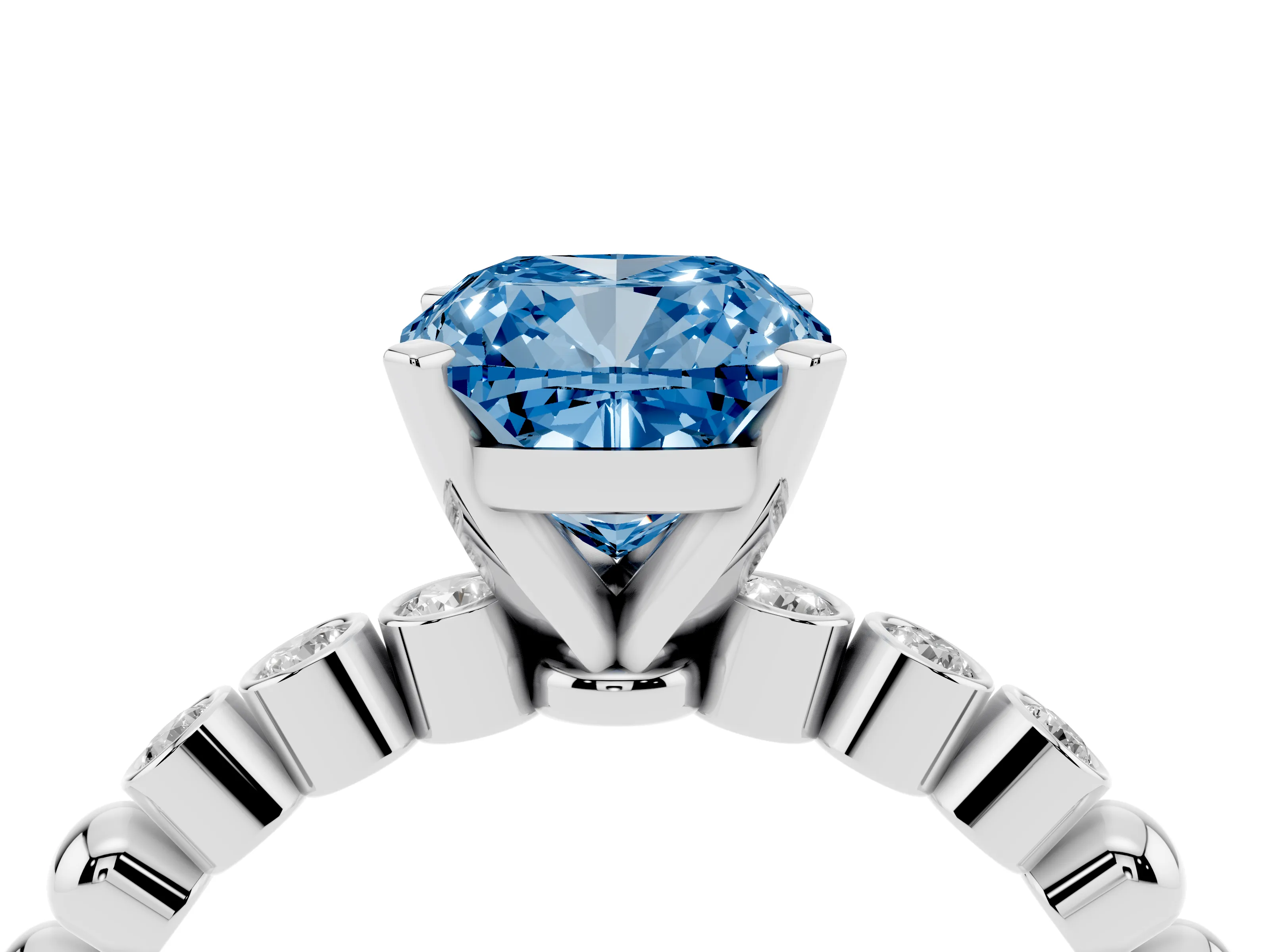 Fancy Blue Cushion Cut Diamond Solitaire Engagement Ring Set in White gold with Bezel Accents on Beaded Band
