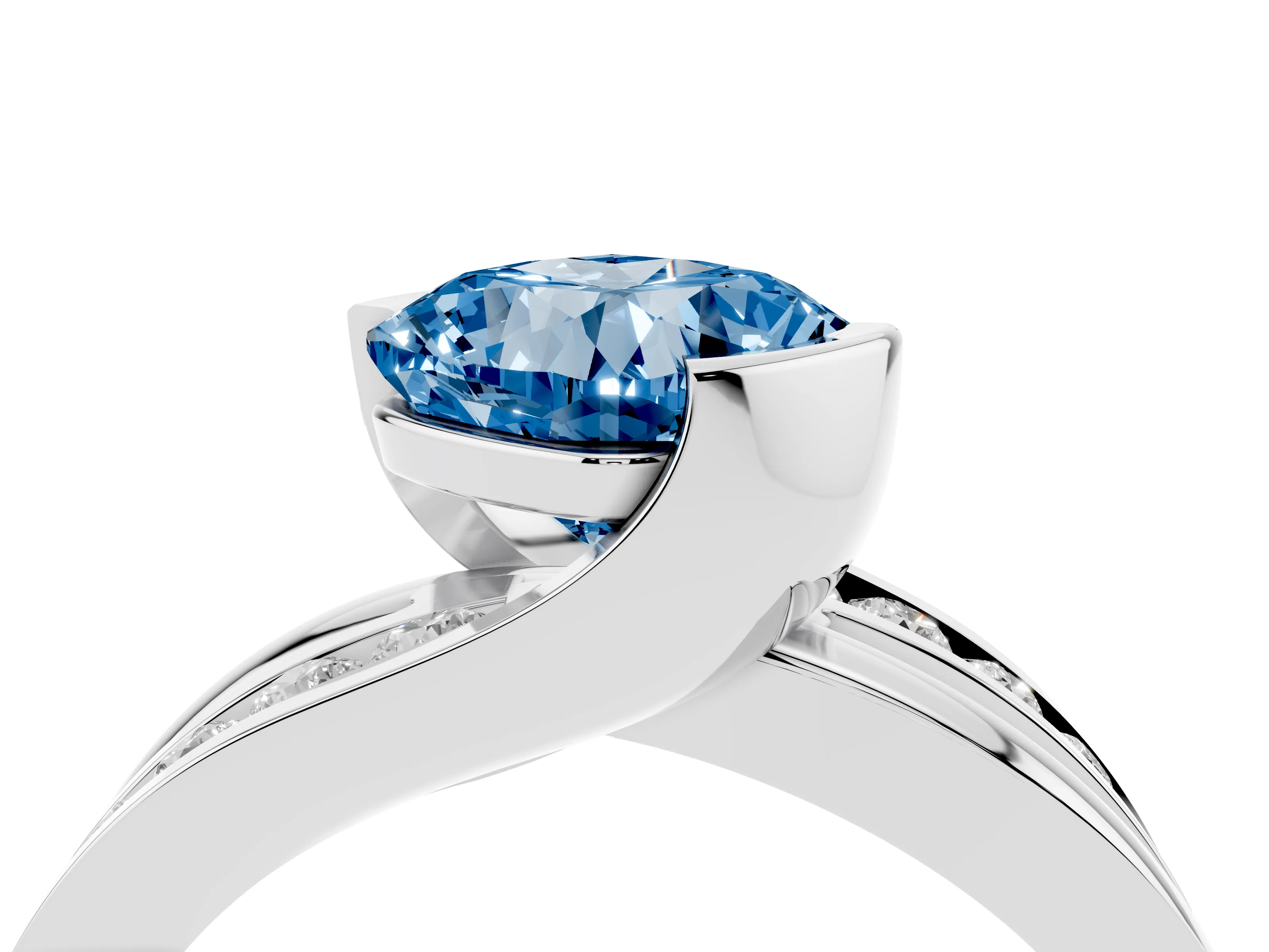 Fancy Blue Cushion Cut Diamond Solitaire Ring Set in Silver with Channel Set Split Shank and Tension Prongs