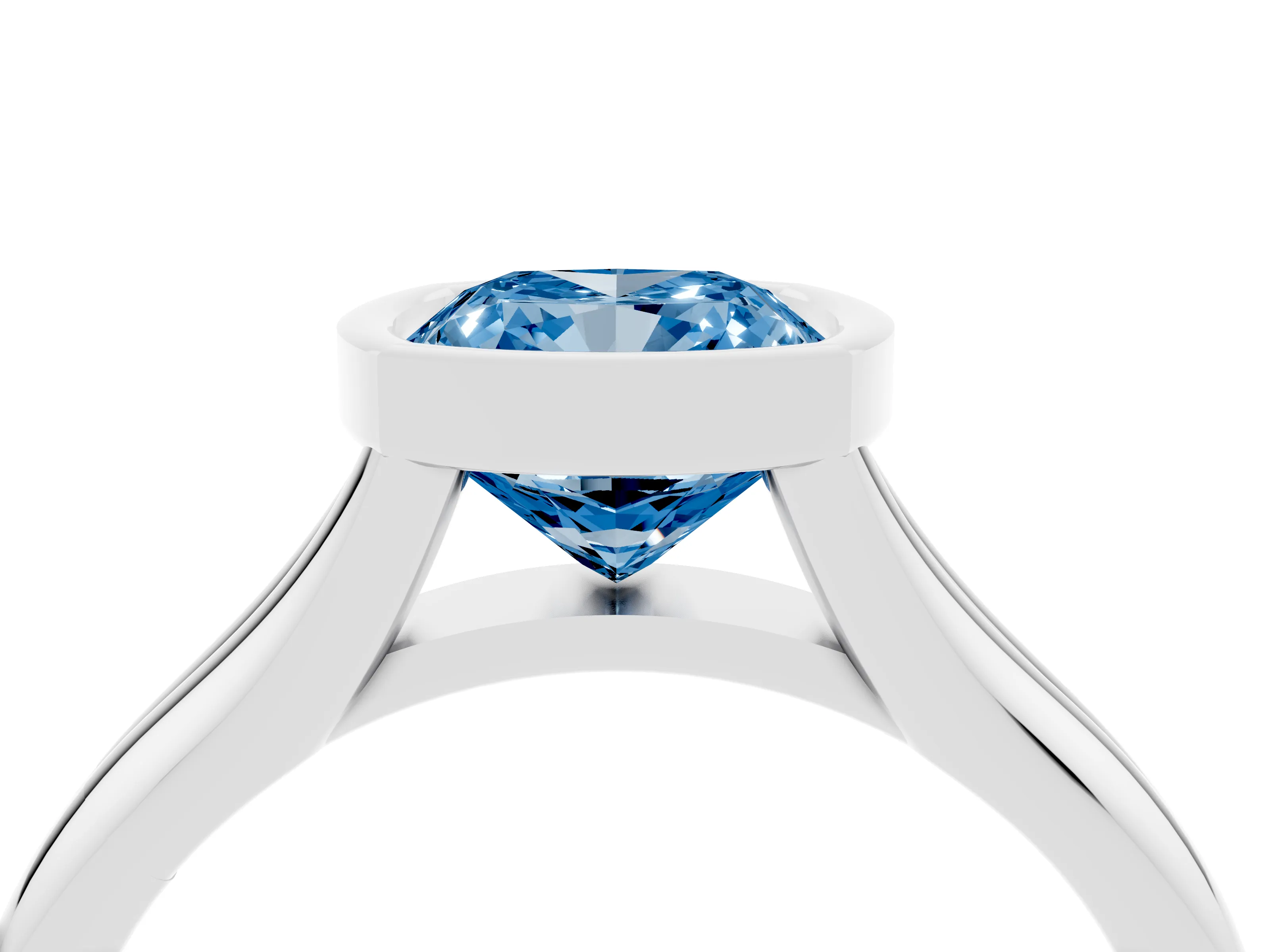 Fancy Blue Bezel Set Cushion Cut Diamond Solitaire Ring Set in Platinum with Smooth Band