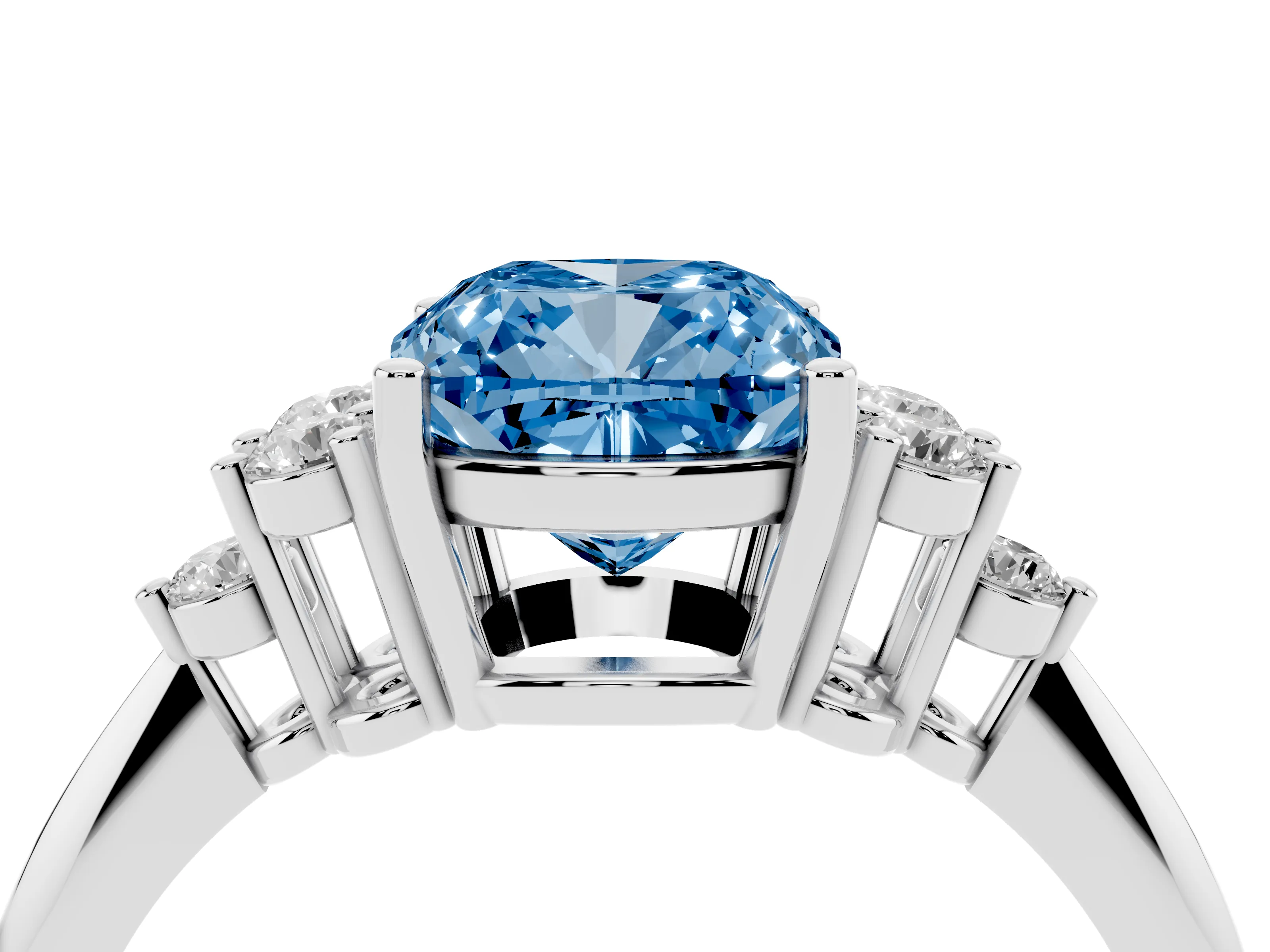 Fancy Blue Cushion Cut Diamond Cluster Ring Set in White gold with Plain Band and Prong Setting
