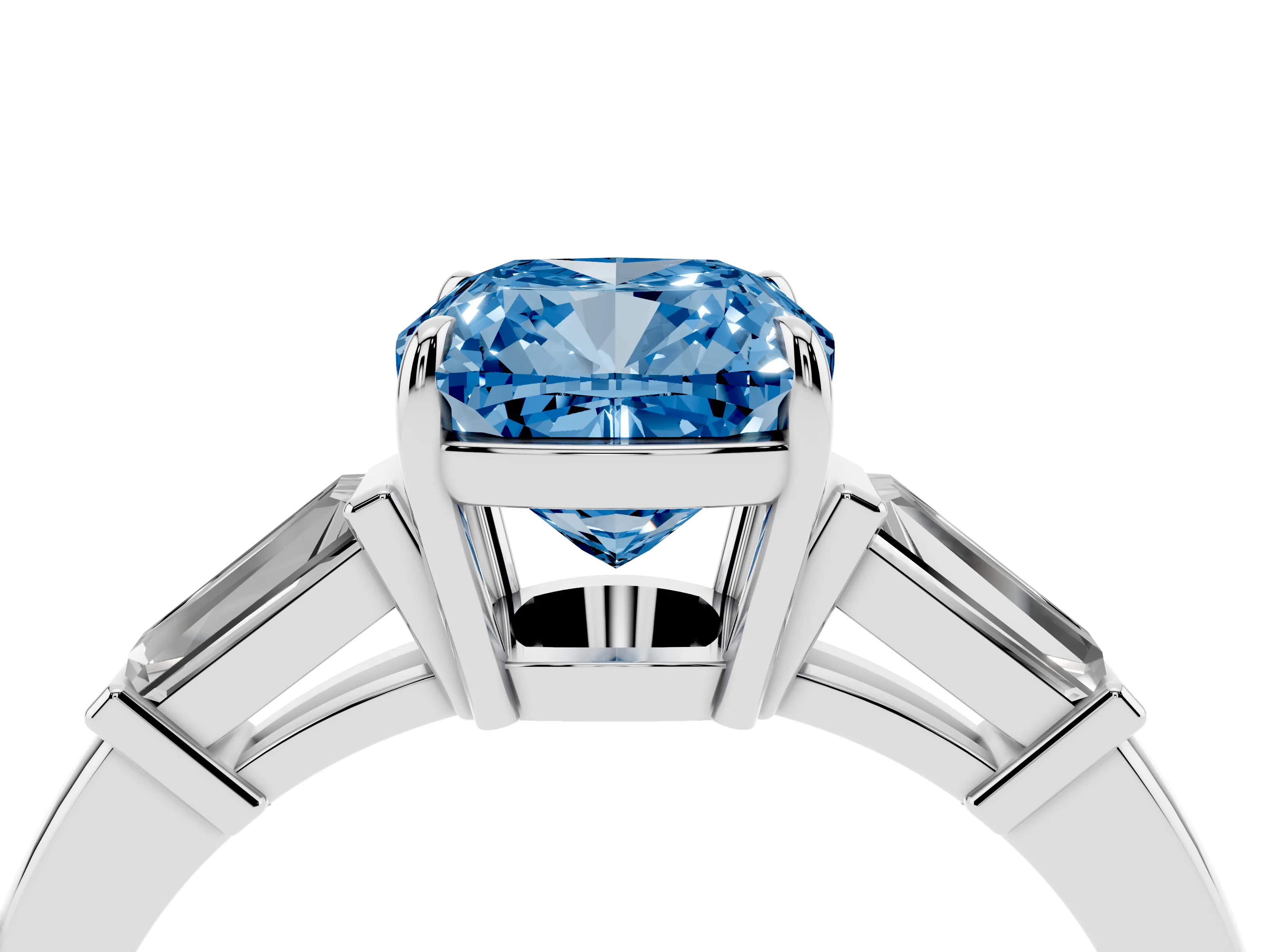 Fancy Blue Cushion Cut Diamond Three-Stone Ring Set in Platinum with Tapered Baguette Side Stones and Prong Setting
