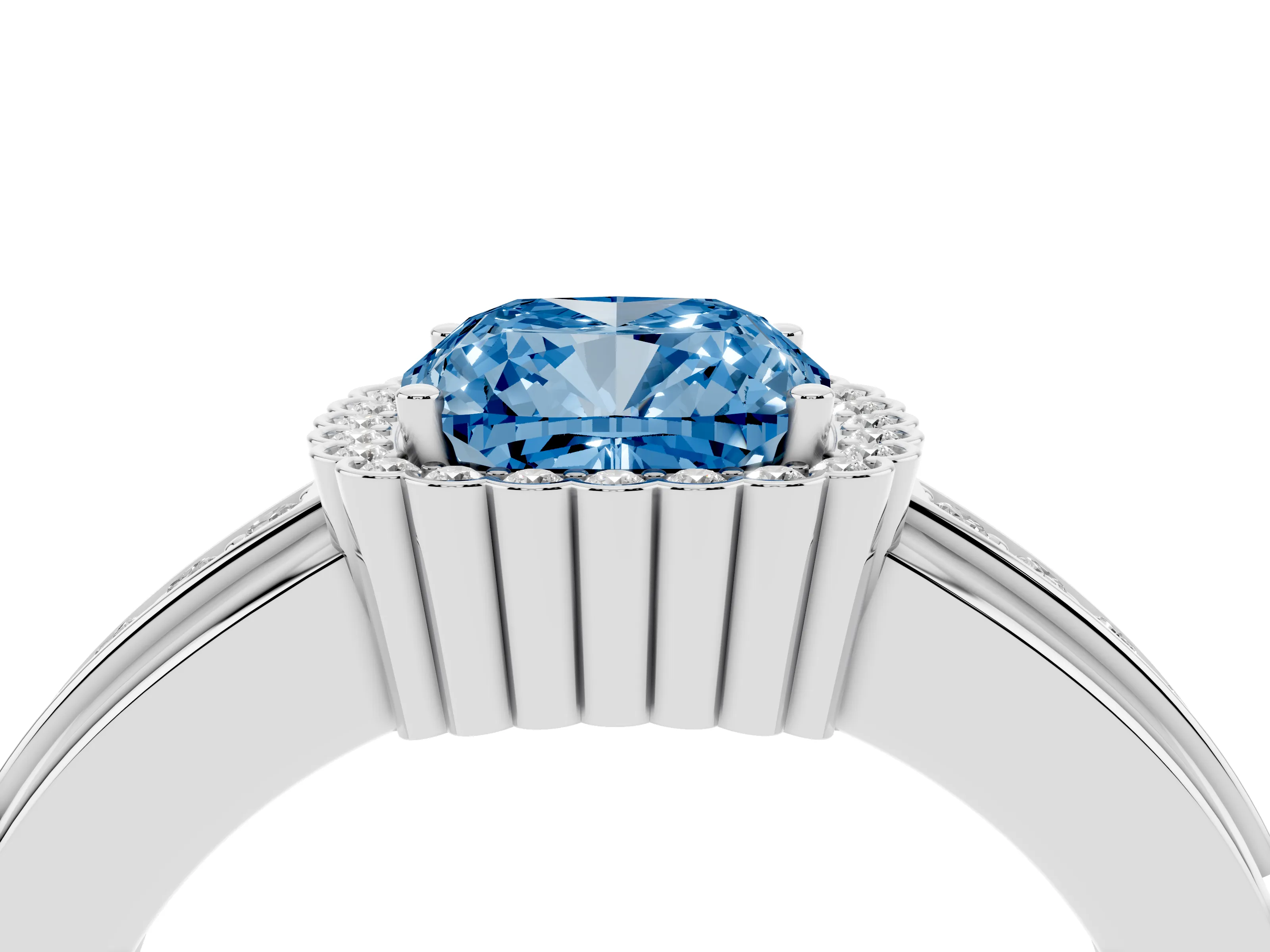 Fancy Blue Cushion Cut Diamond Halo Prong Ring Set in Silver with Pavé Band