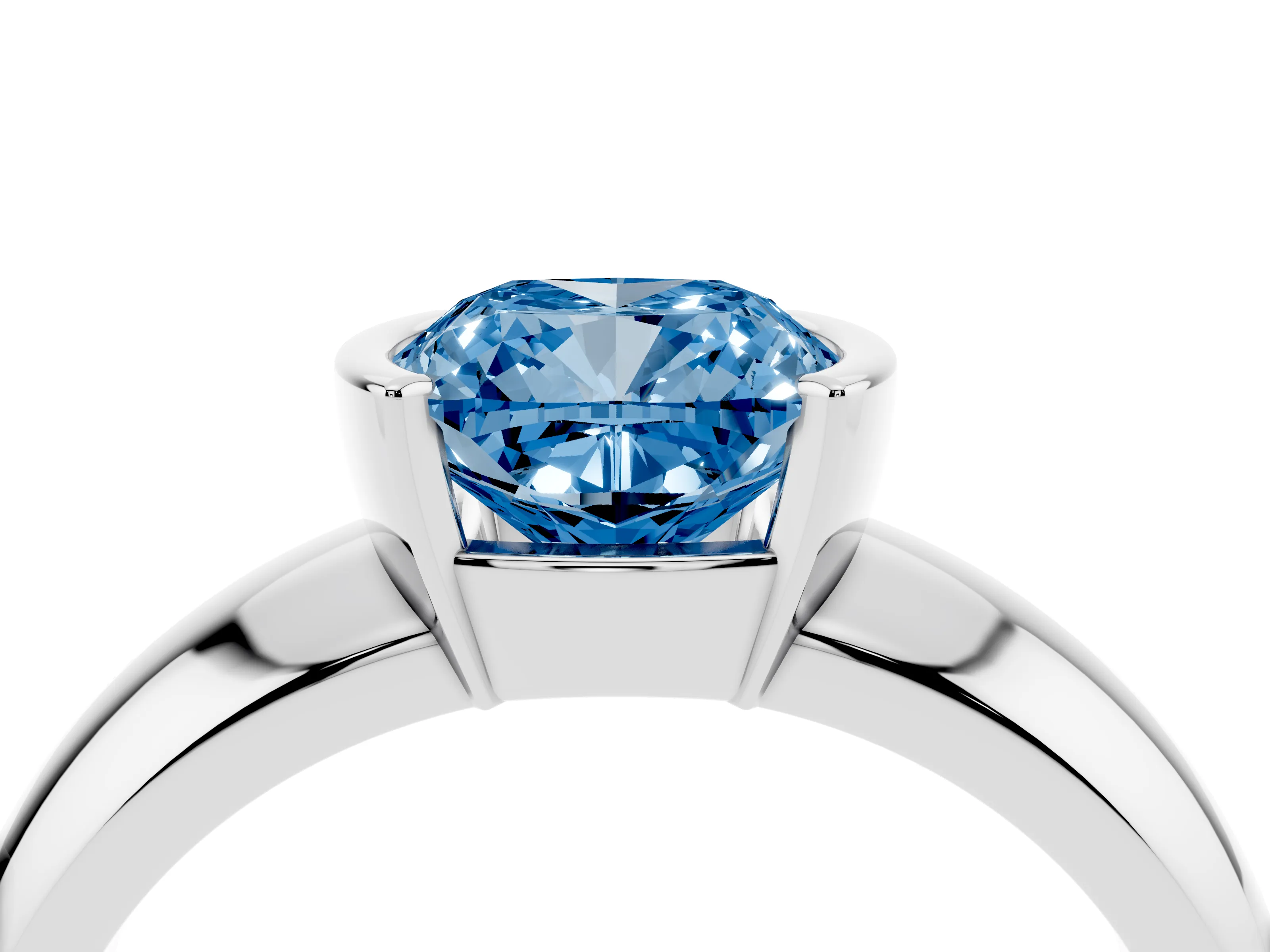 Fancy Blue Cushion Cut Diamond Solitaire Tension Set Ring Set in White gold with Wide Band