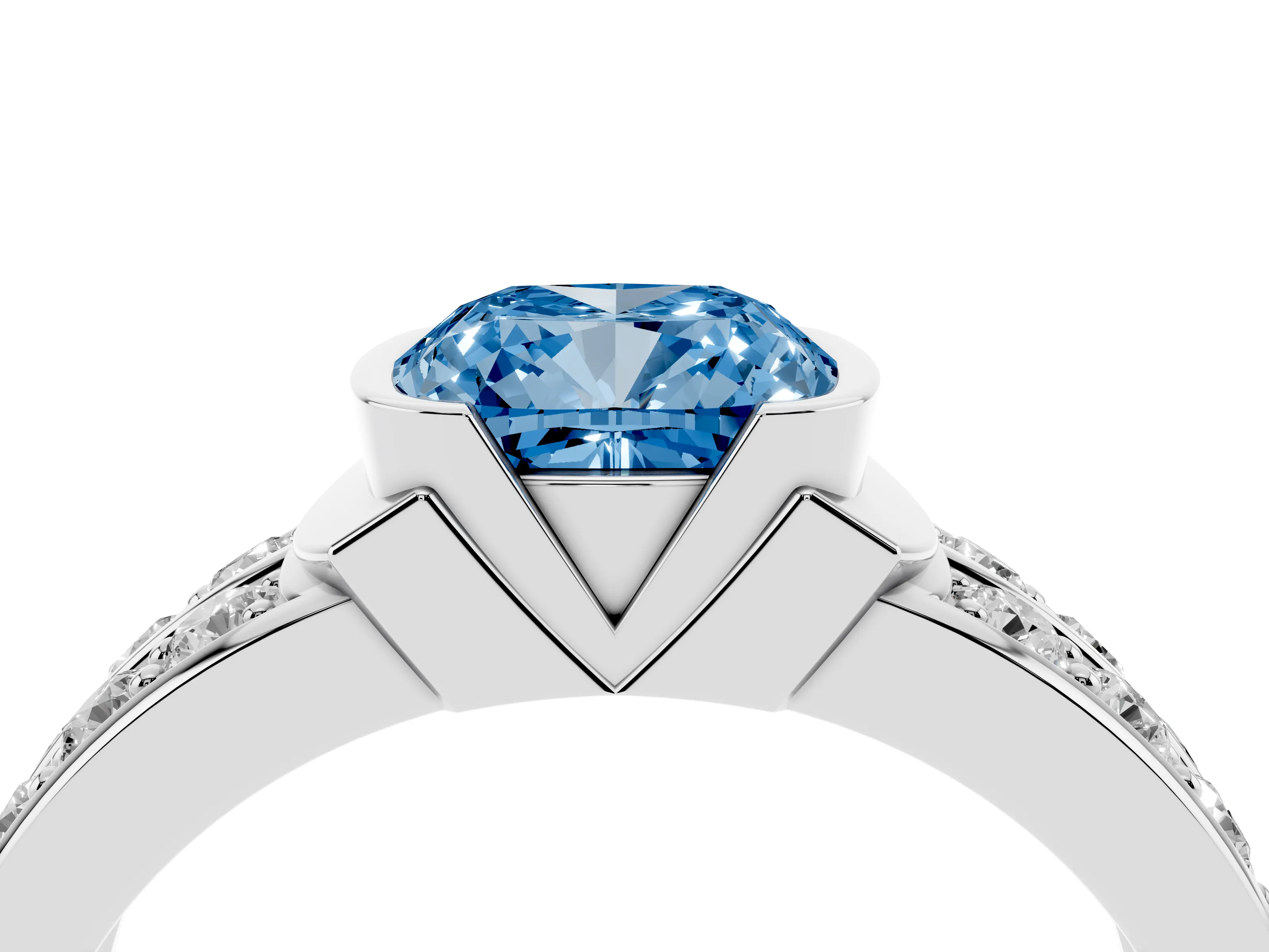 Fancy Blue Cushion Cut Diamond Wide Channel Set Band Ring Set in Platinum with Bezel Setting