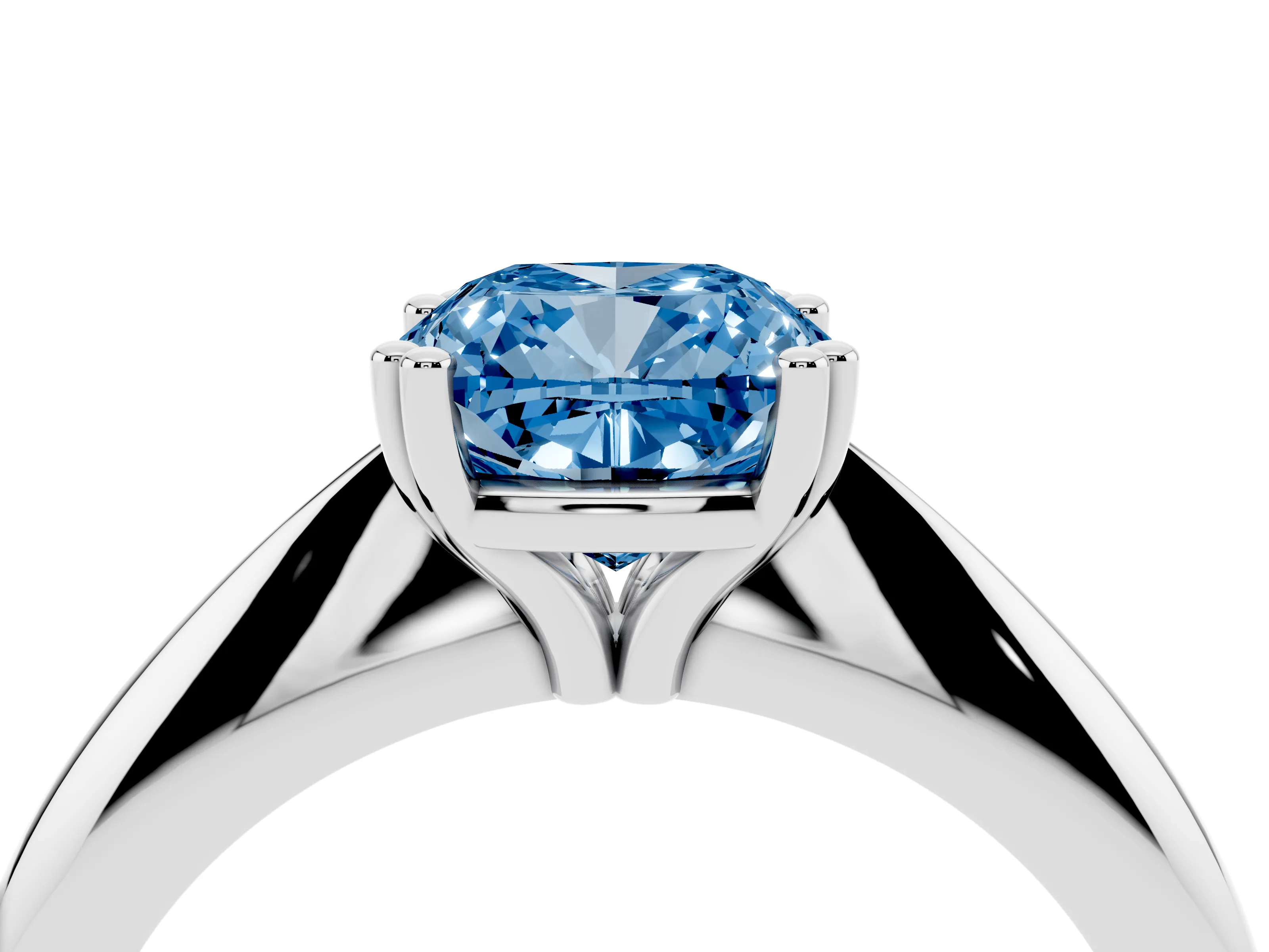 Fancy Blue Cushion Cut Diamond Solitaire Engagement Ring Set in Silver with Tapered Band and Prong Setting