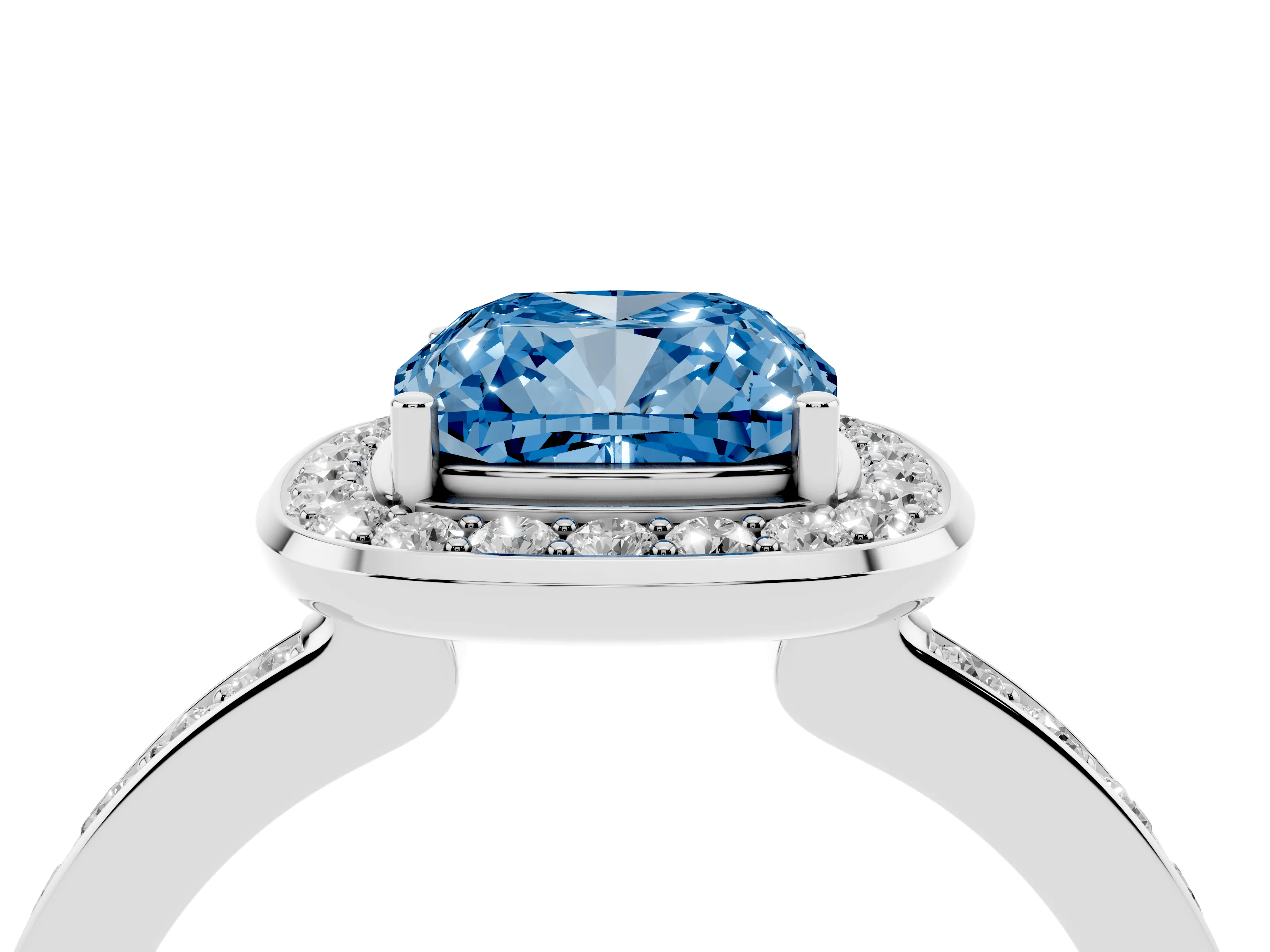 Fancy Blue Cushion Cut Diamond Halo Ring Set in Silver with Bezel Frame and Pavé Band