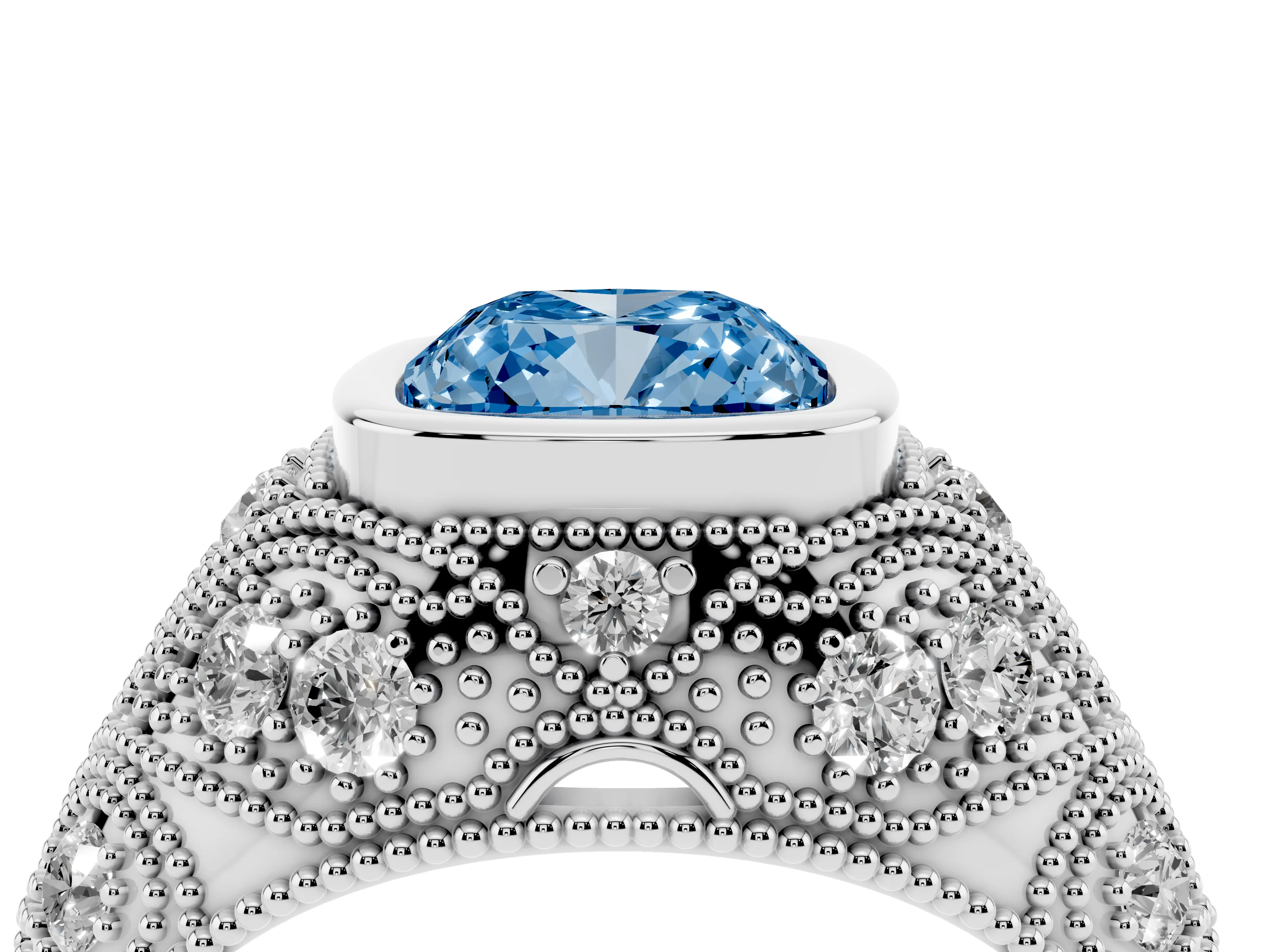 Fancy Blue Cushion Cut Diamond Bezel Ring Set in Silver with Milgrain Accent Band