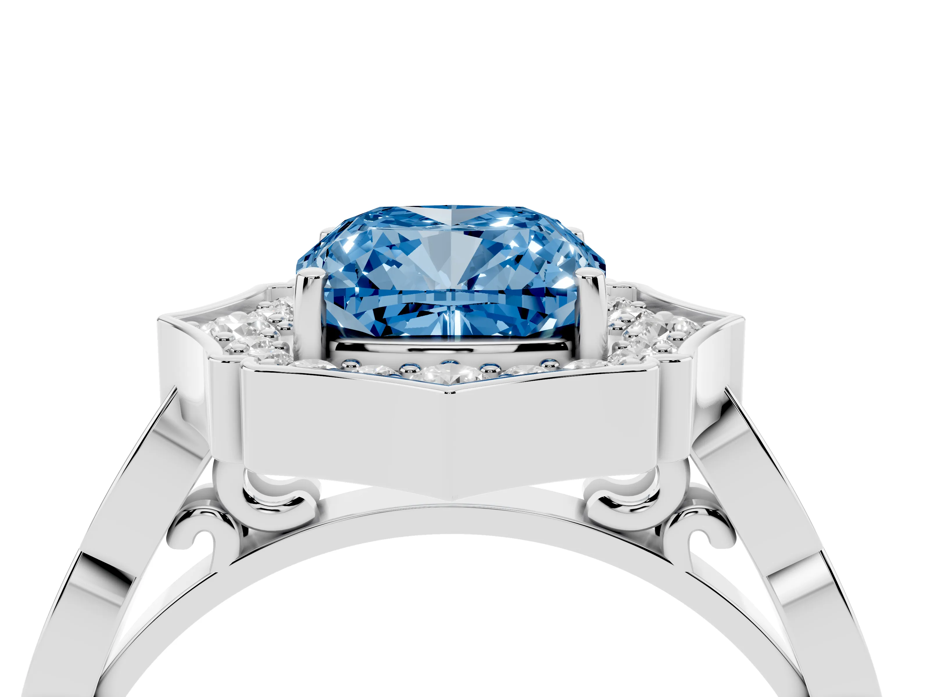 Fancy Blue Cushion Cut Diamond Halo Engagement Ring Set in White gold with Milgrain Band and Prong Setting