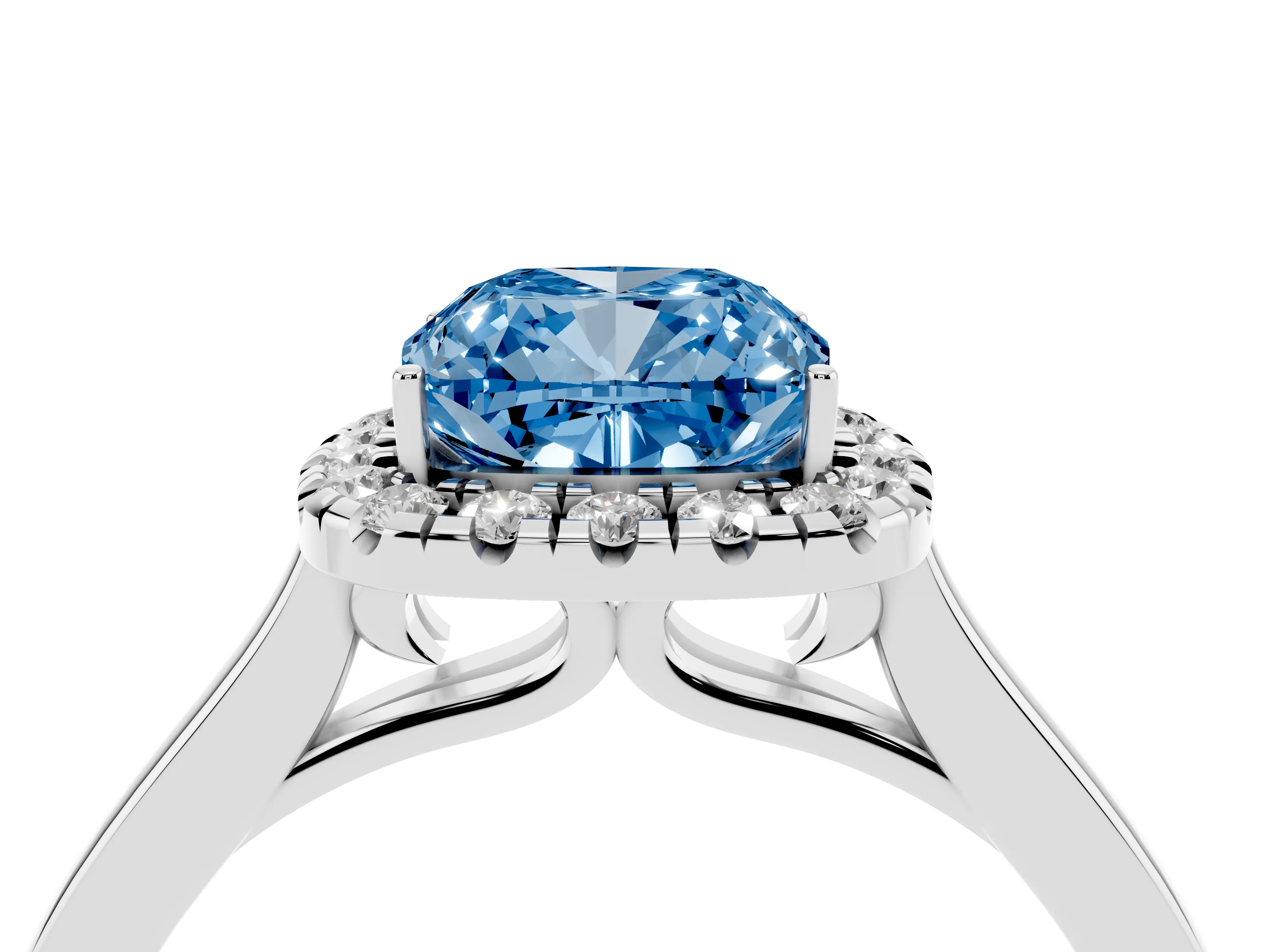 Fancy Blue Cushion Cut Halo Round Diamond Solitaire Ring Set in Platinum with Pavé Band and Prong Setting