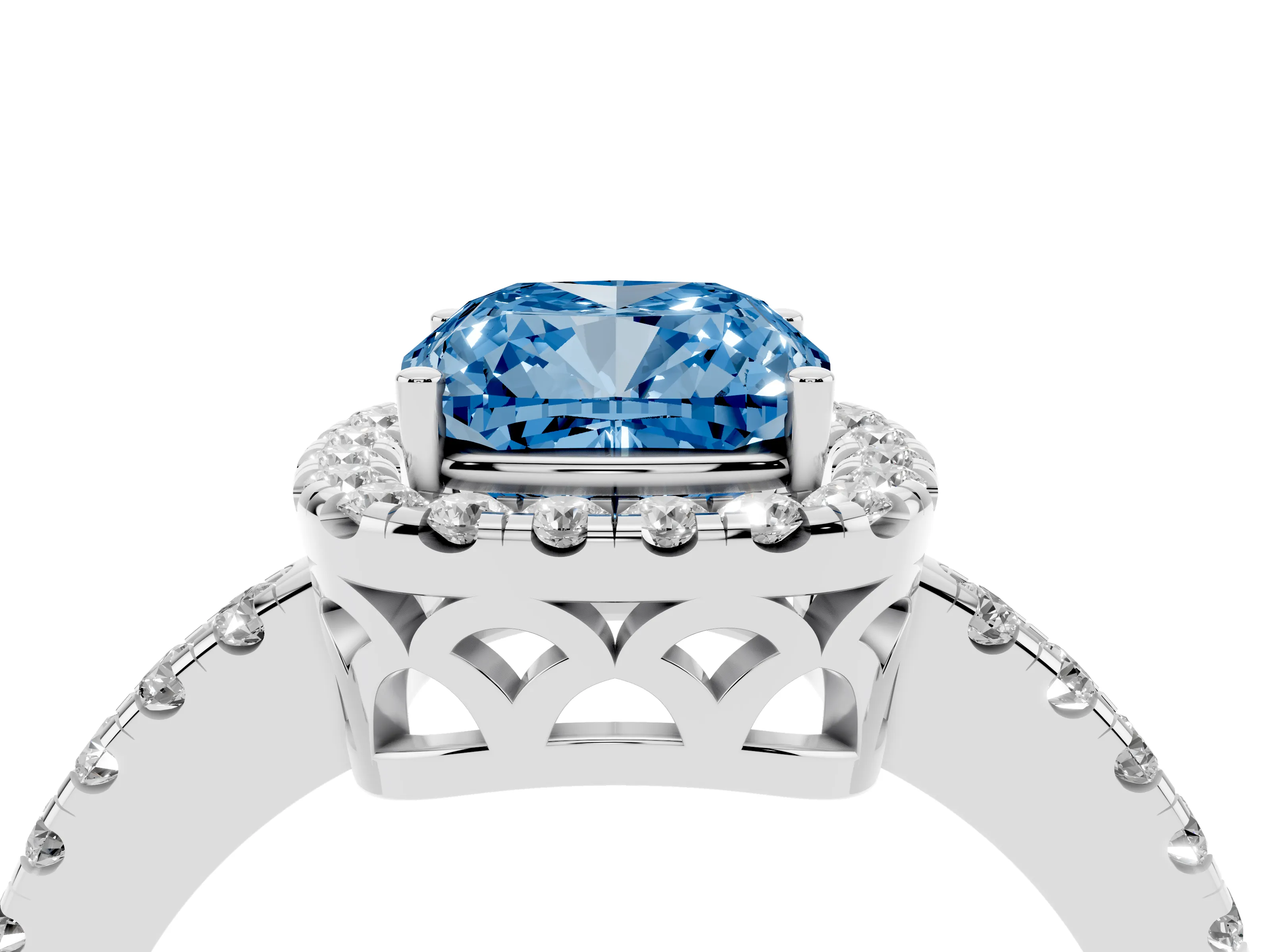 Fancy Blue Cushion Cut Diamond Pavé Band Halo Engagement Ring Set in Platinum with Prong Setting