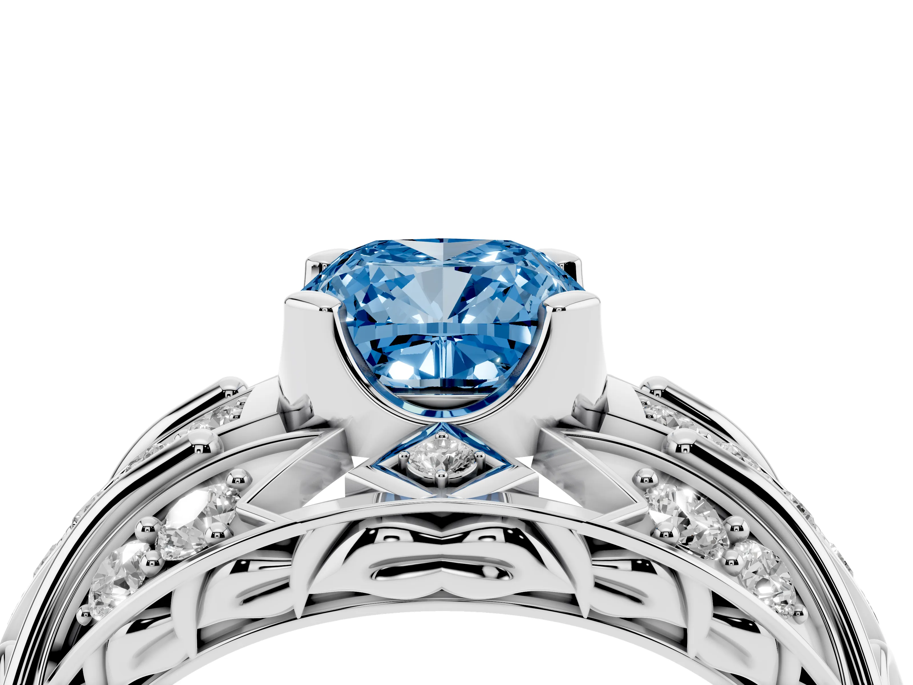 Fancy Blue Cushion Cut Diamond Art Deco Ring Set in Silver with Pavé Split Shank