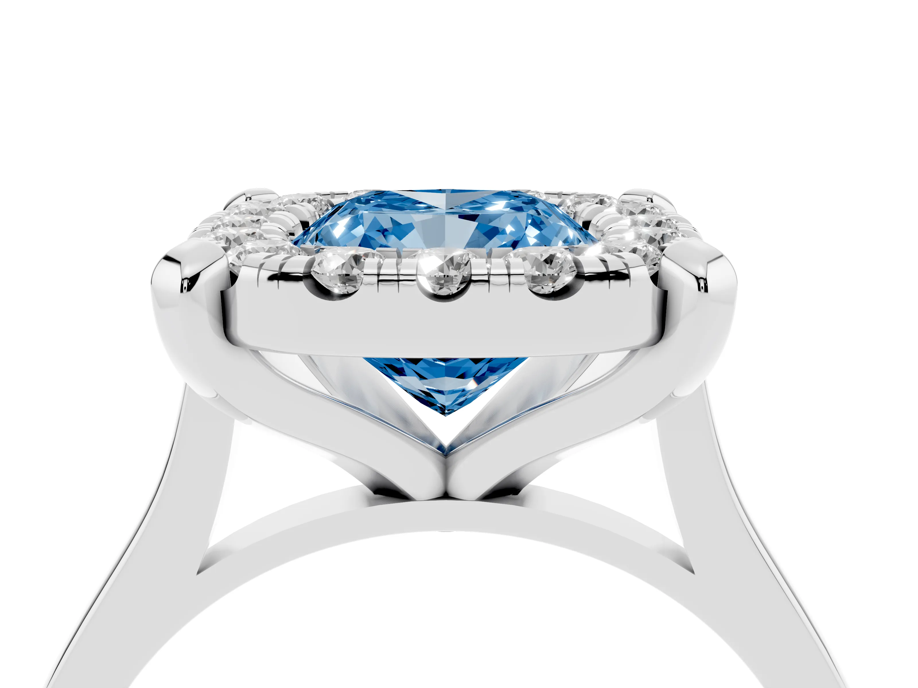 Fancy Blue Cushion Cut Diamond Cluster Halo Solitaire Ring Set in Silver with Prong Setting