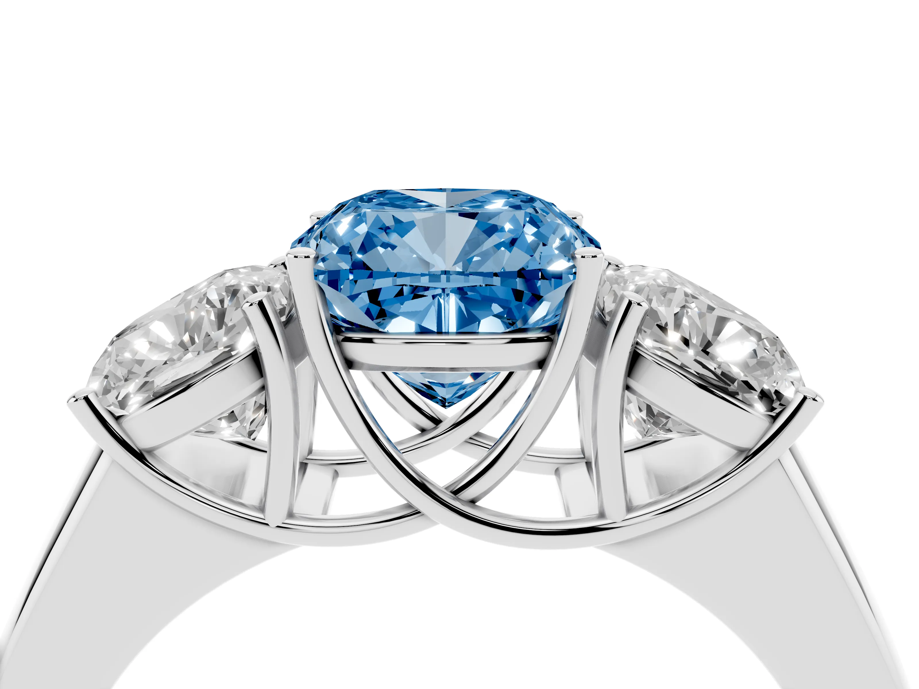 Fancy Blue Three-Stone Cushion Cut Diamond Ring Set in Silver with Matching Prong Settings and Plain Band