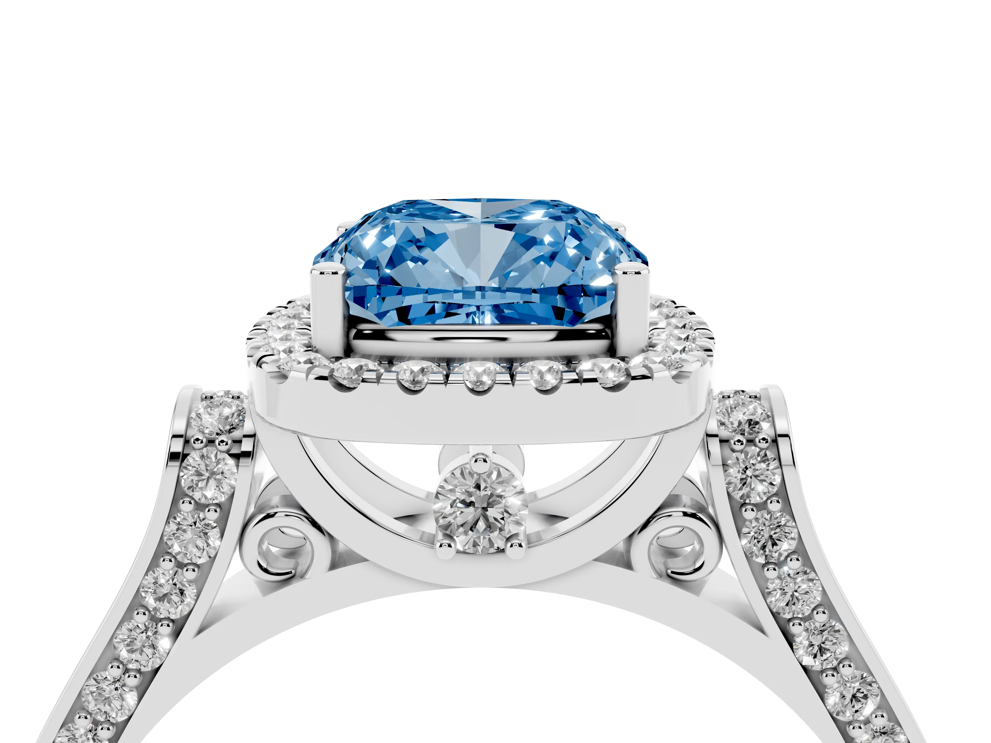 Fancy Blue Cushion Cut Diamond Halo Ring Set in Platinum with Pavé-Lined Split Shank Band