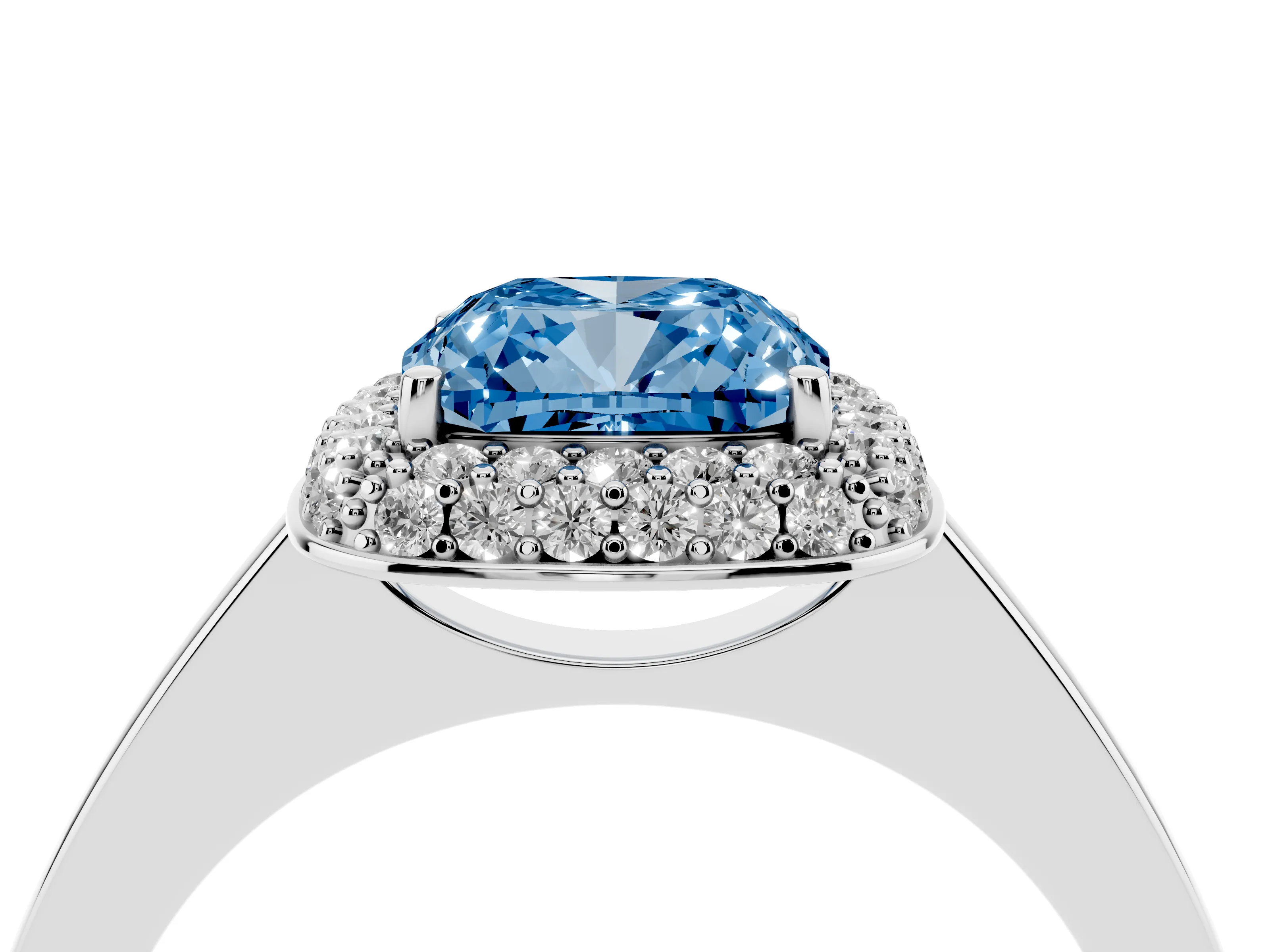 Fancy Blue Cushion Cut Diamond Halo Engagement Ring Set in Silver with Solitaire Band and Prong Setting