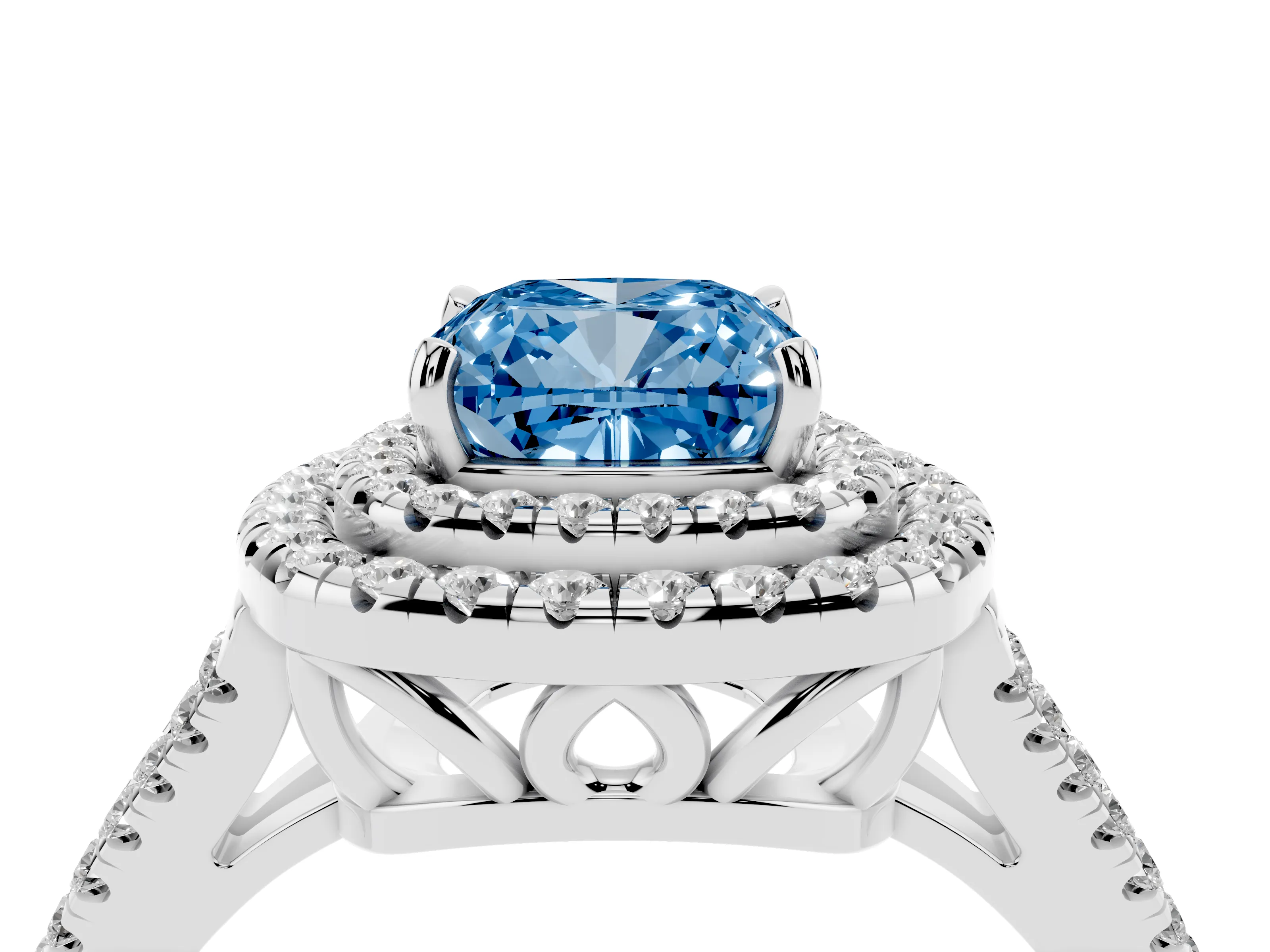 Fancy Blue Cushion Cut Diamond Double Halo Ring Set in Silver with Pavé Band