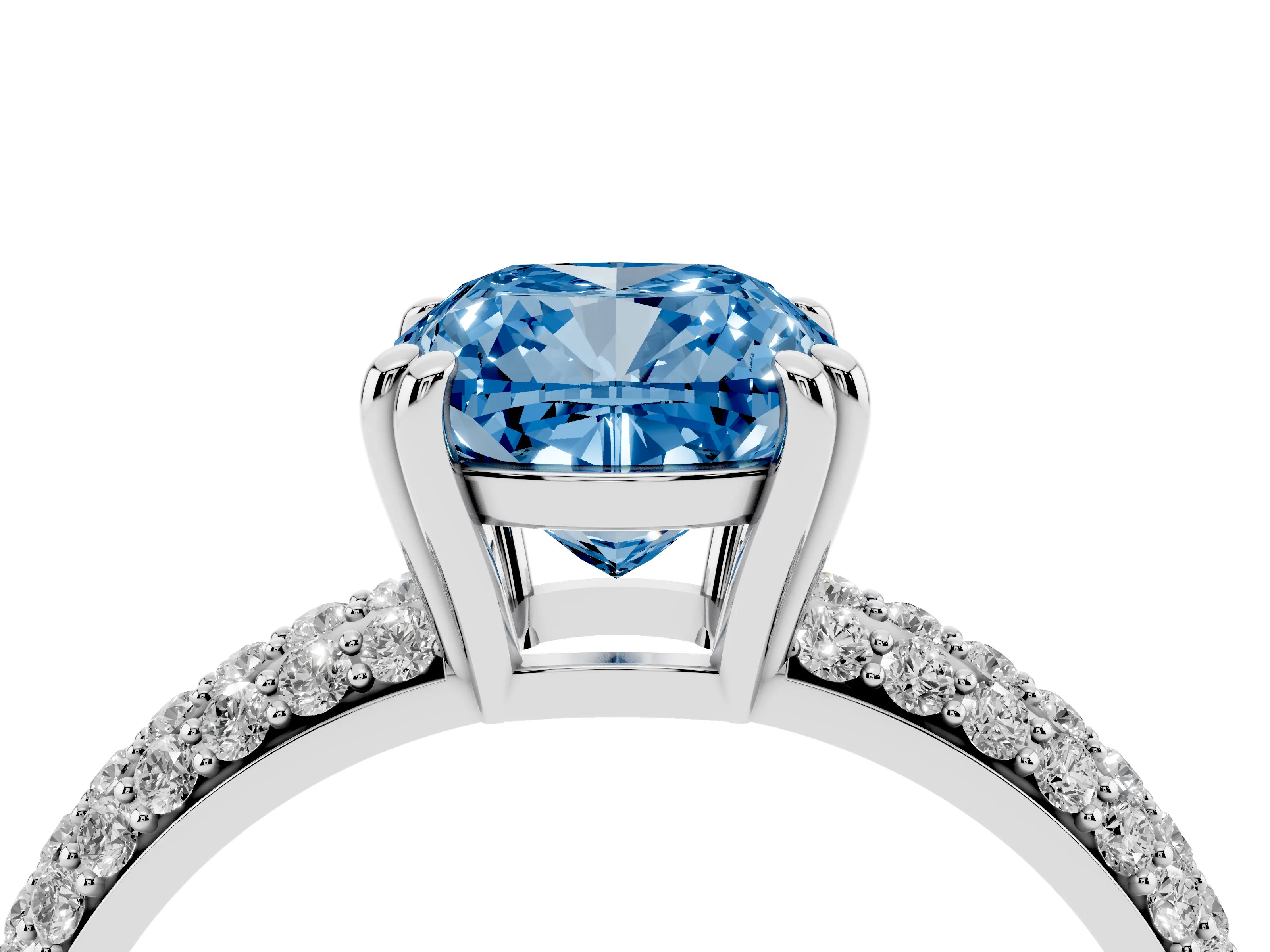 Fancy Blue Cushion Cut Diamond Solitaire Ring Set in Silver with Multi-Row Round Pavé Band and Prong Setting