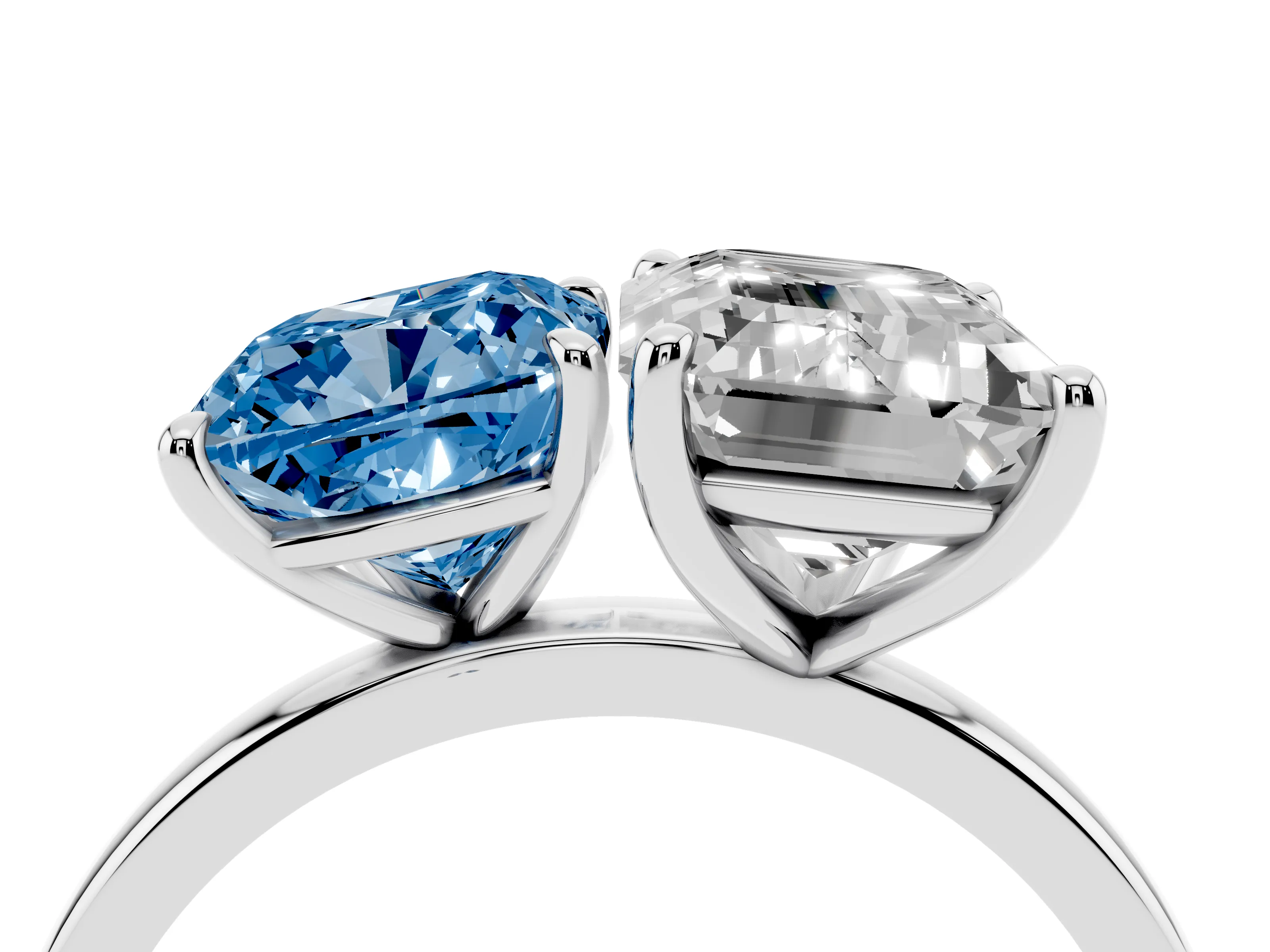 Fancy Blue Cushion Cut and Emerald Cut Toi Moi Ring Set in Platinum with Prong Setting