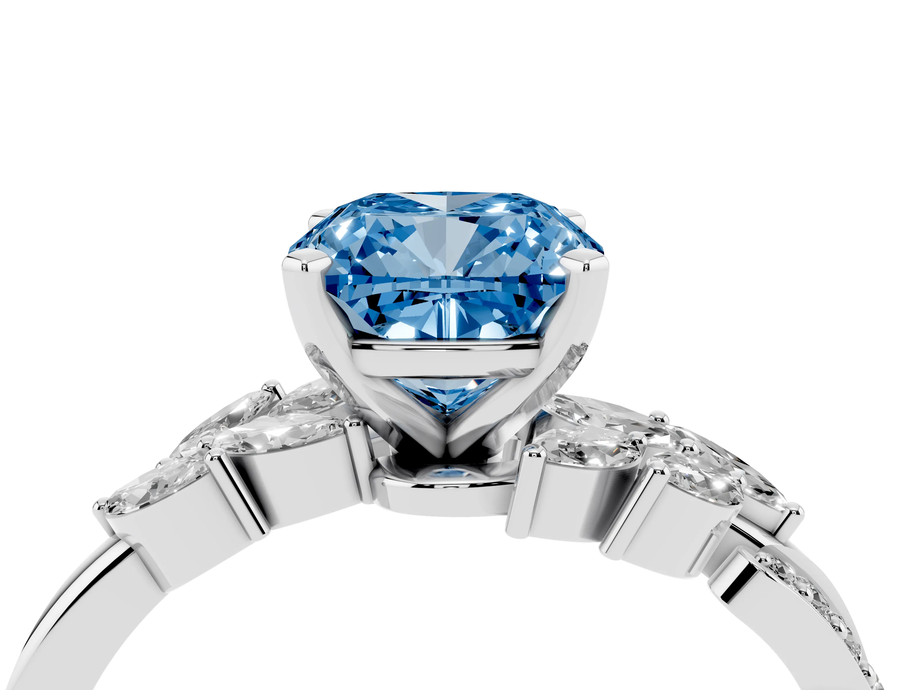 Fancy Blue Cushion Cut Diamond Solitaire Ring Set in White gold with Marquise Twist Band and Prong Setting