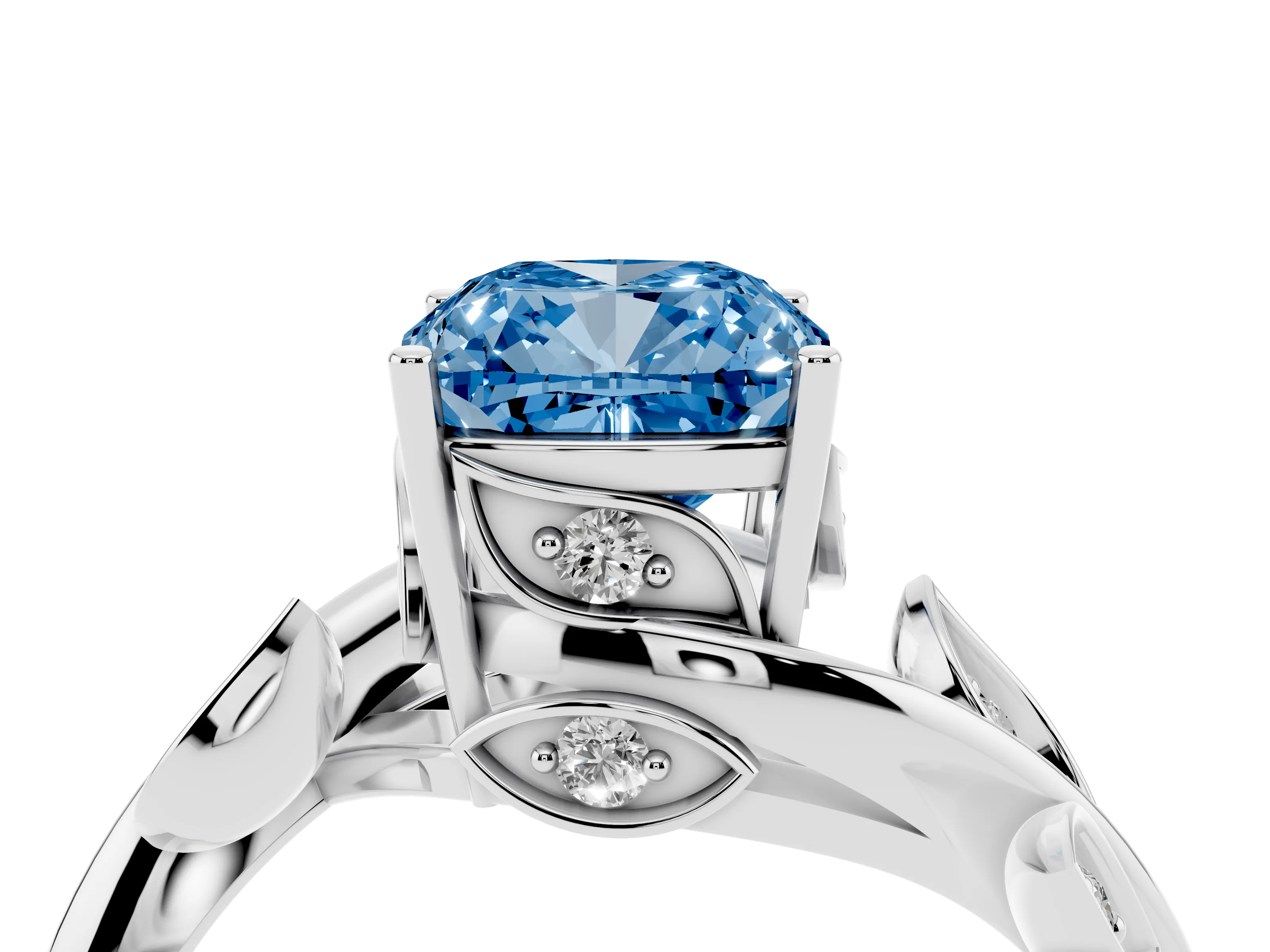 Fancy Blue Cushion Cut Diamond Solitaire Twist Engagement Ring Set in Platinum with Pavé Leaf Accents