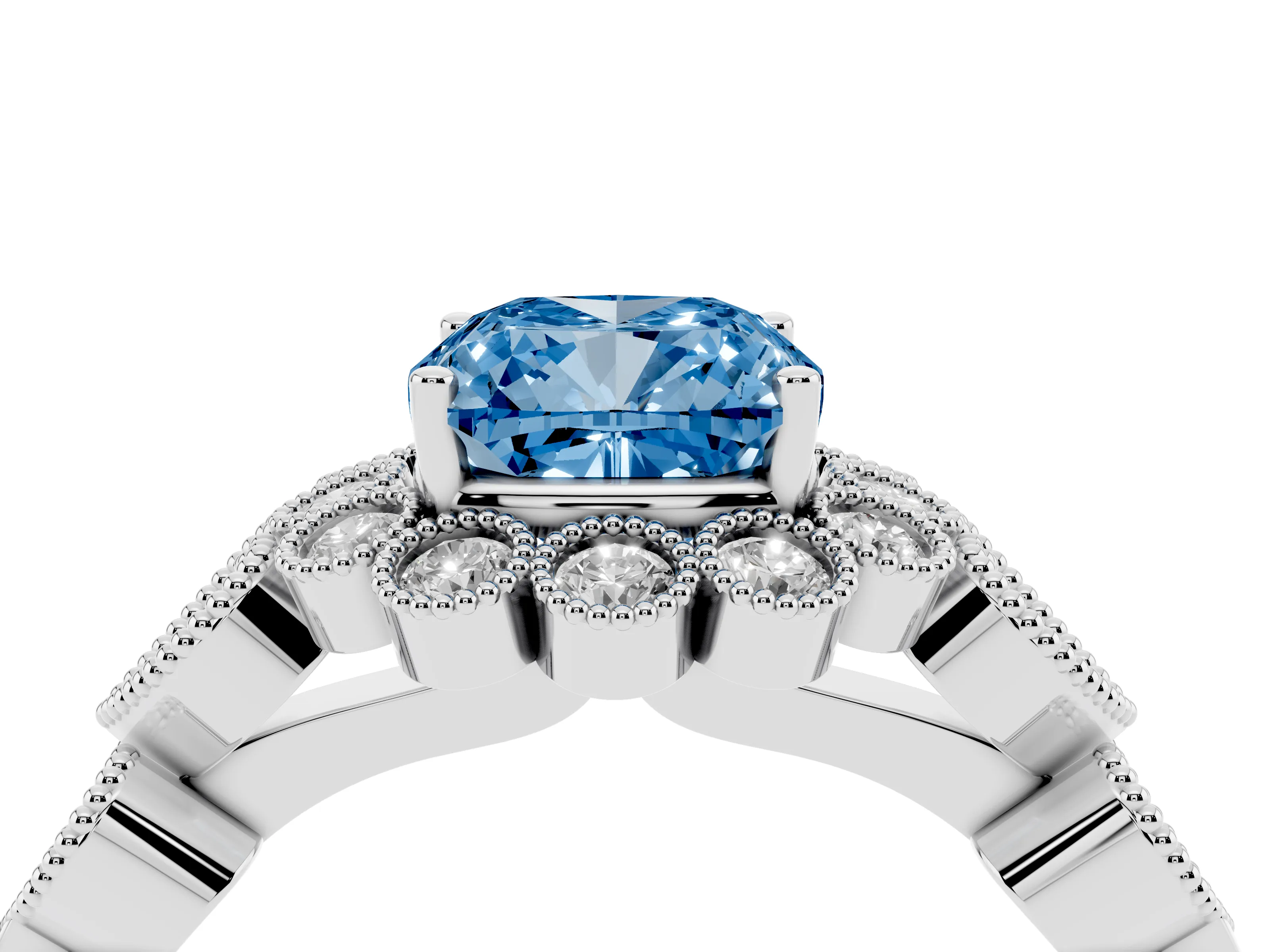 Fancy Blue Cushion Cut Diamond Solitaire Ring Set in Silver with Milgrain Pavé Heart Band