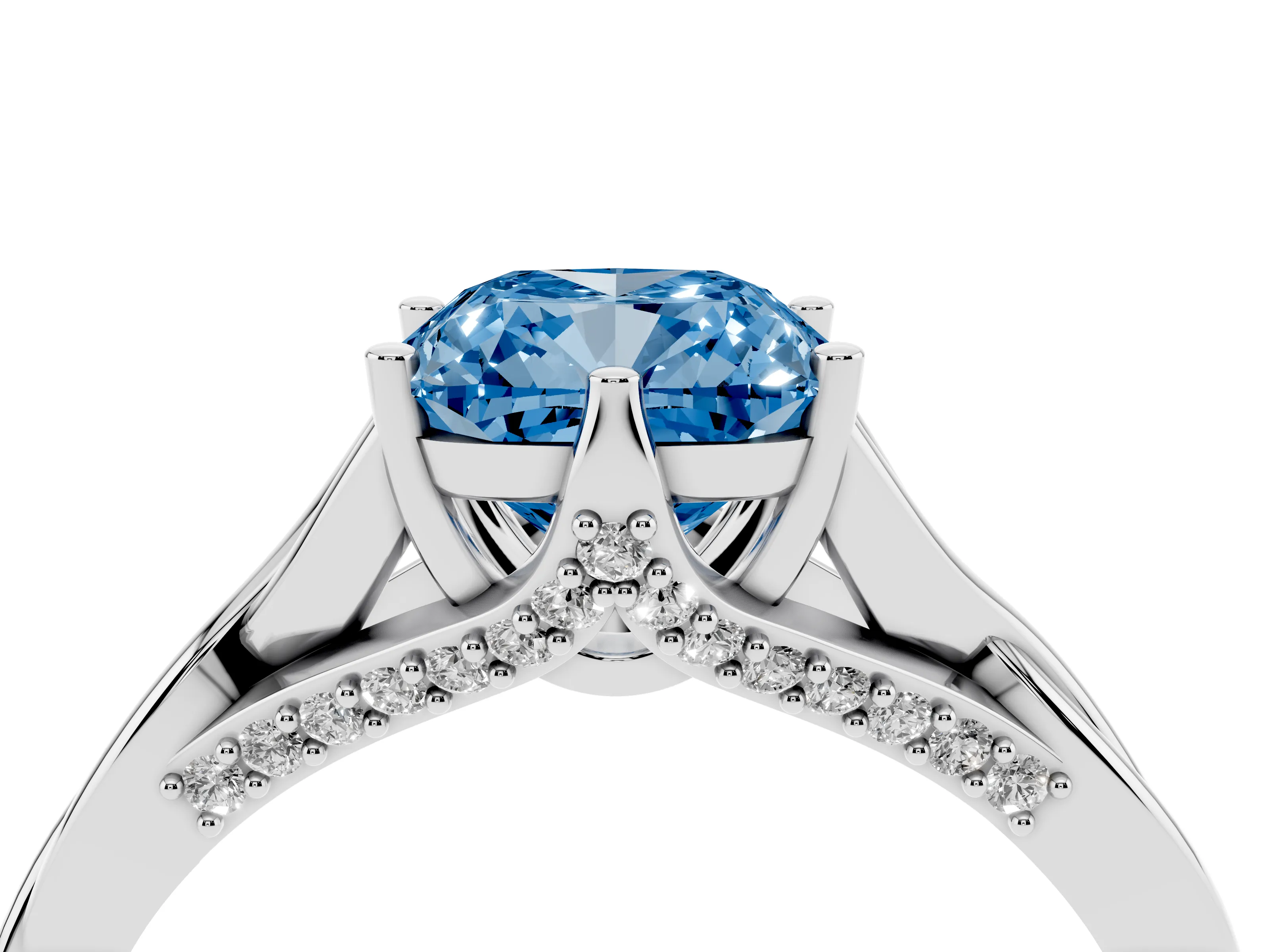 Fancy Blue Cushion Cut Diamond Intertwined Twist Band Solitaire Ring Set in White gold with Prong Setting
