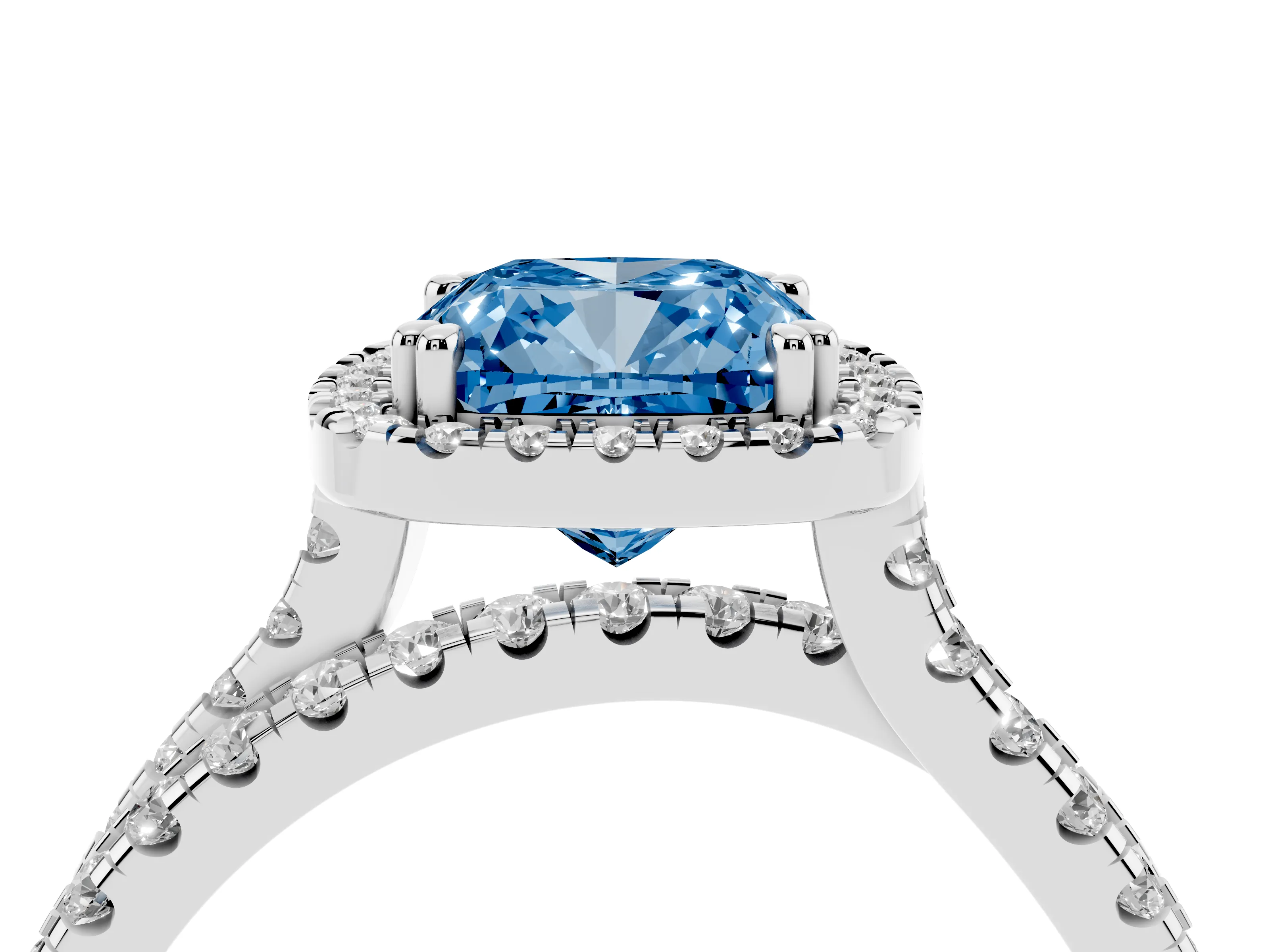 Fancy Blue Cushion Cut Diamond Halo Split Shank Ring Set in Platinum with Pavé Setting