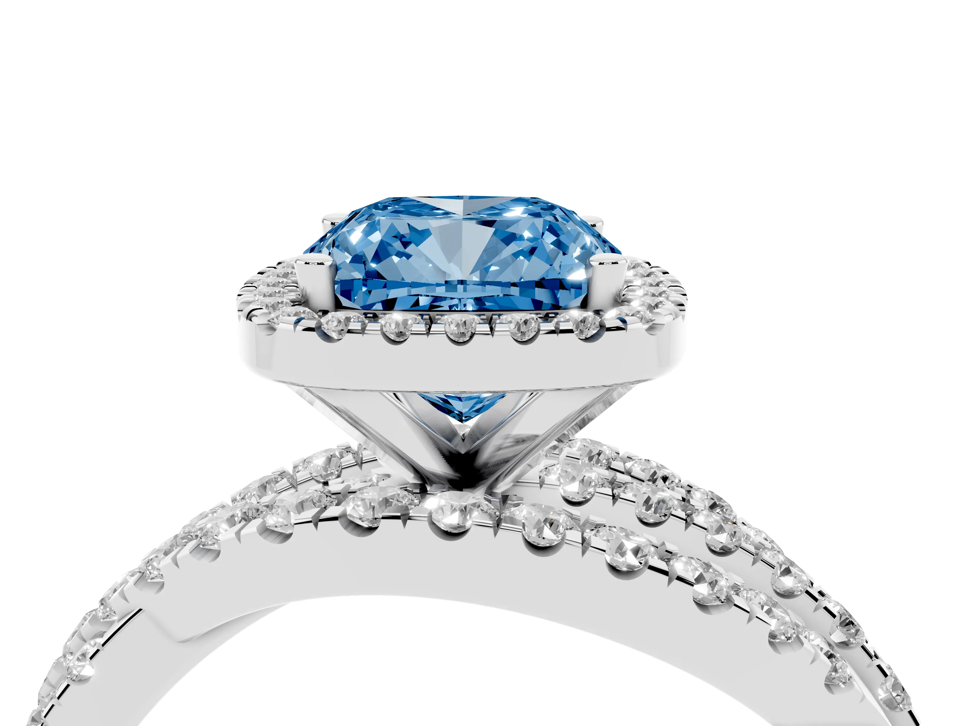 Fancy Blue Cushion Cut Diamond Halo Ring Set in Silver with Round Crossover Split Shank and Prong Setting