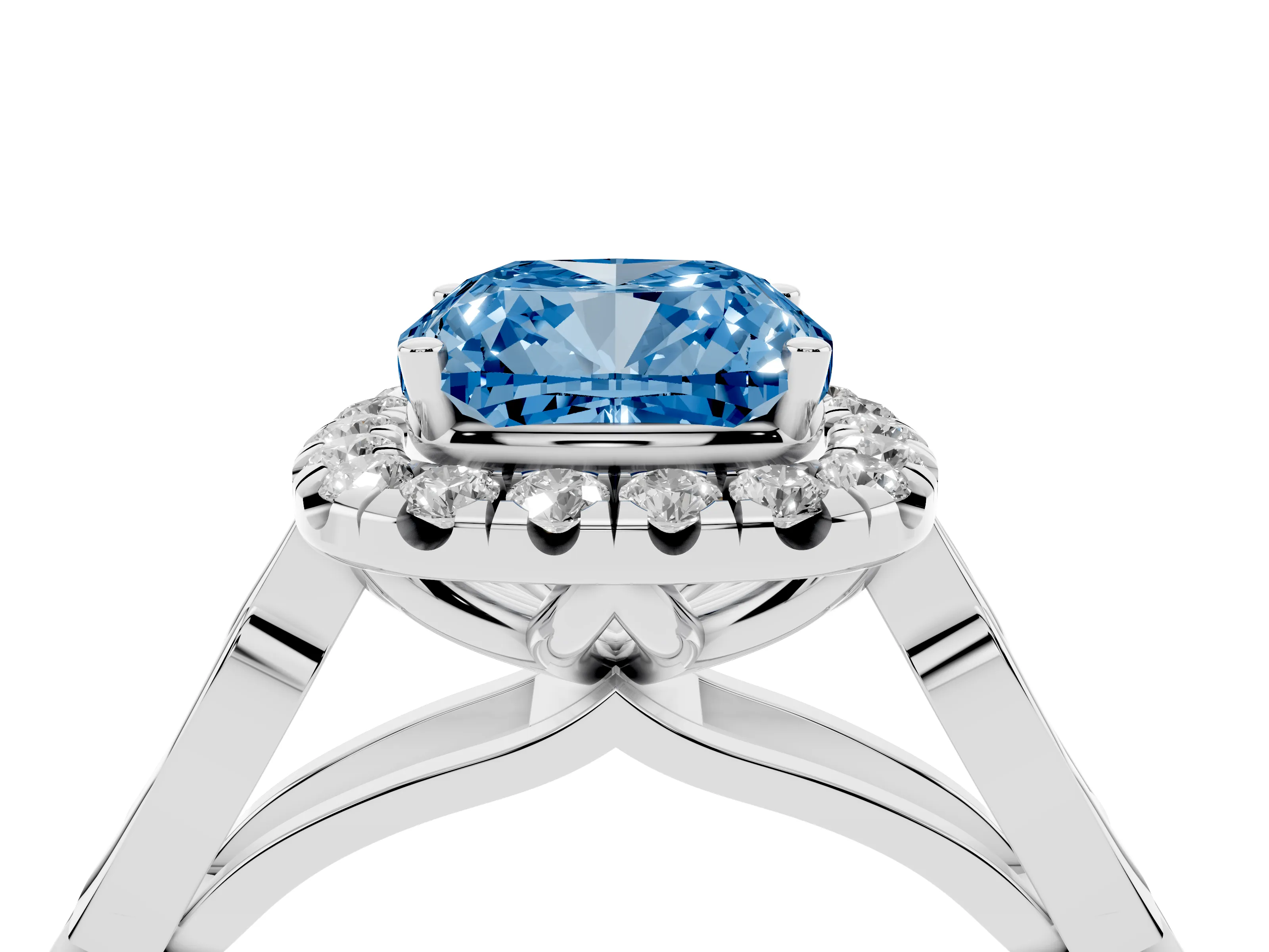 Fancy Blue Cushion Cut Diamond Halo Engagement Ring Set in Platinum with Filigree Band and Prong-Set Center