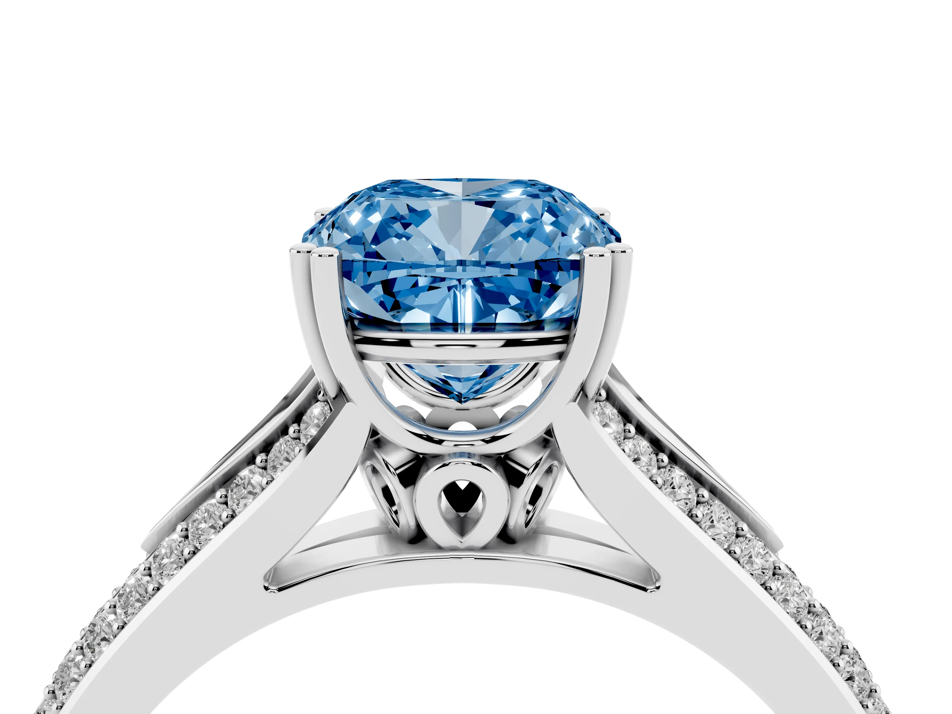 Fancy Blue Cushion Cut Diamond Split Shank Pavé Engagement Ring Set in White gold with Prong-Set Center Stone