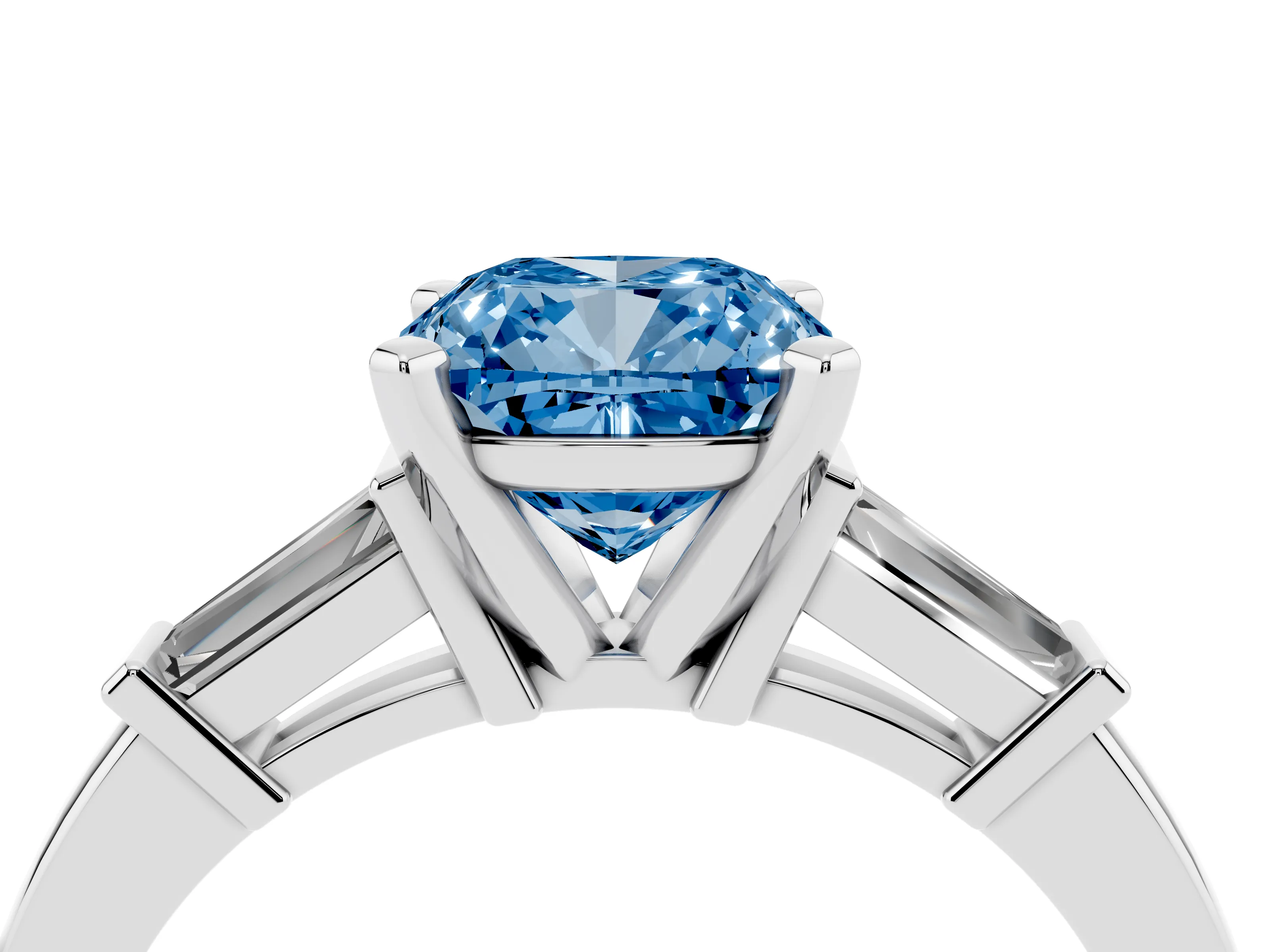 Fancy Blue Cushion Cut Diamond Solitaire Ring Set in Platinum with Tapered Baguette Accents and Prong Setting
