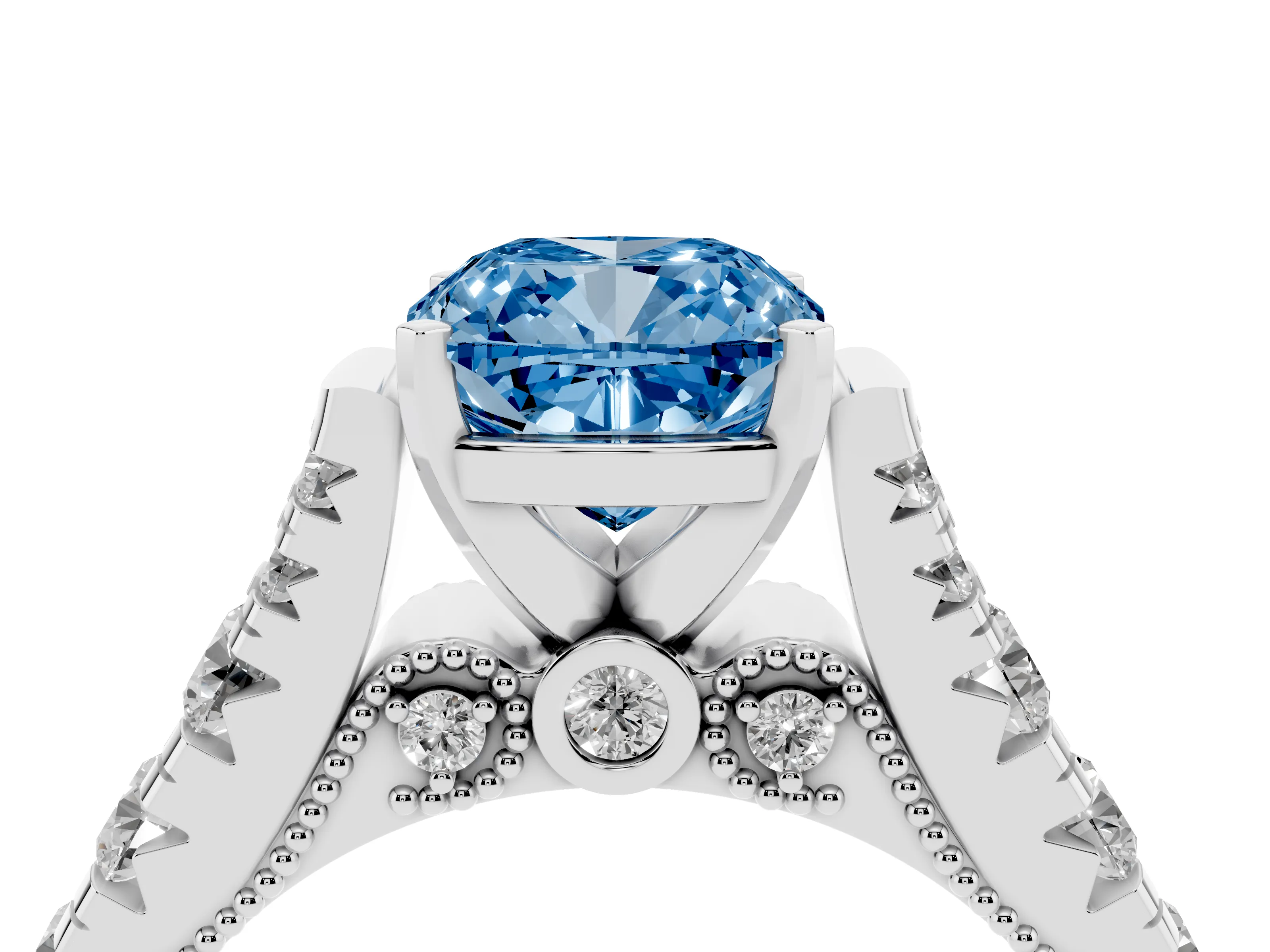 Fancy Blue Cushion Cut Diamond Classic Solitaire Ring Set in Silver with Pavé Band and Prong Setting